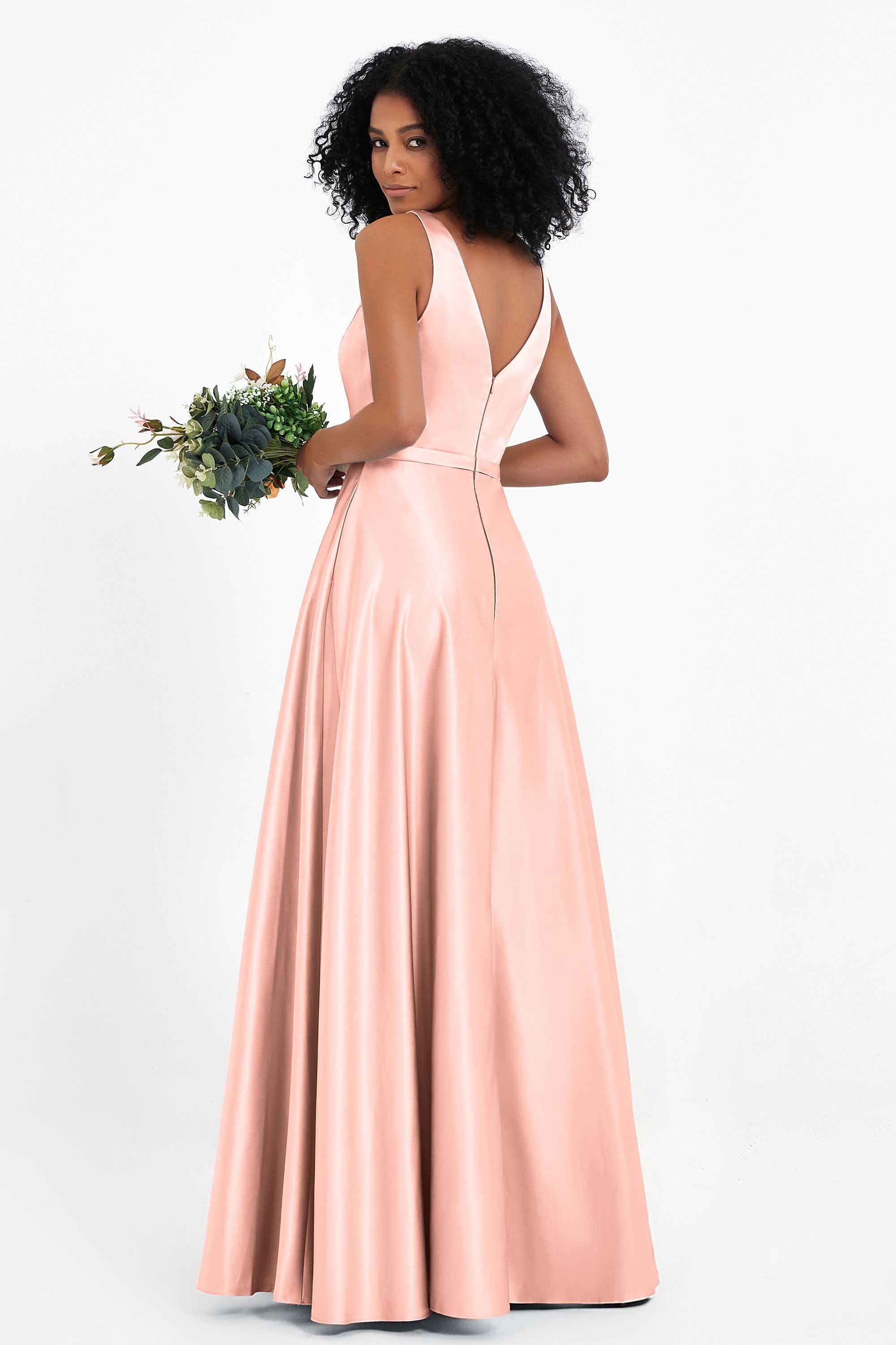 A Line Satin V Neckline Bridesmaid Dress Ruched Formal Evening Prom Dresses Gowns