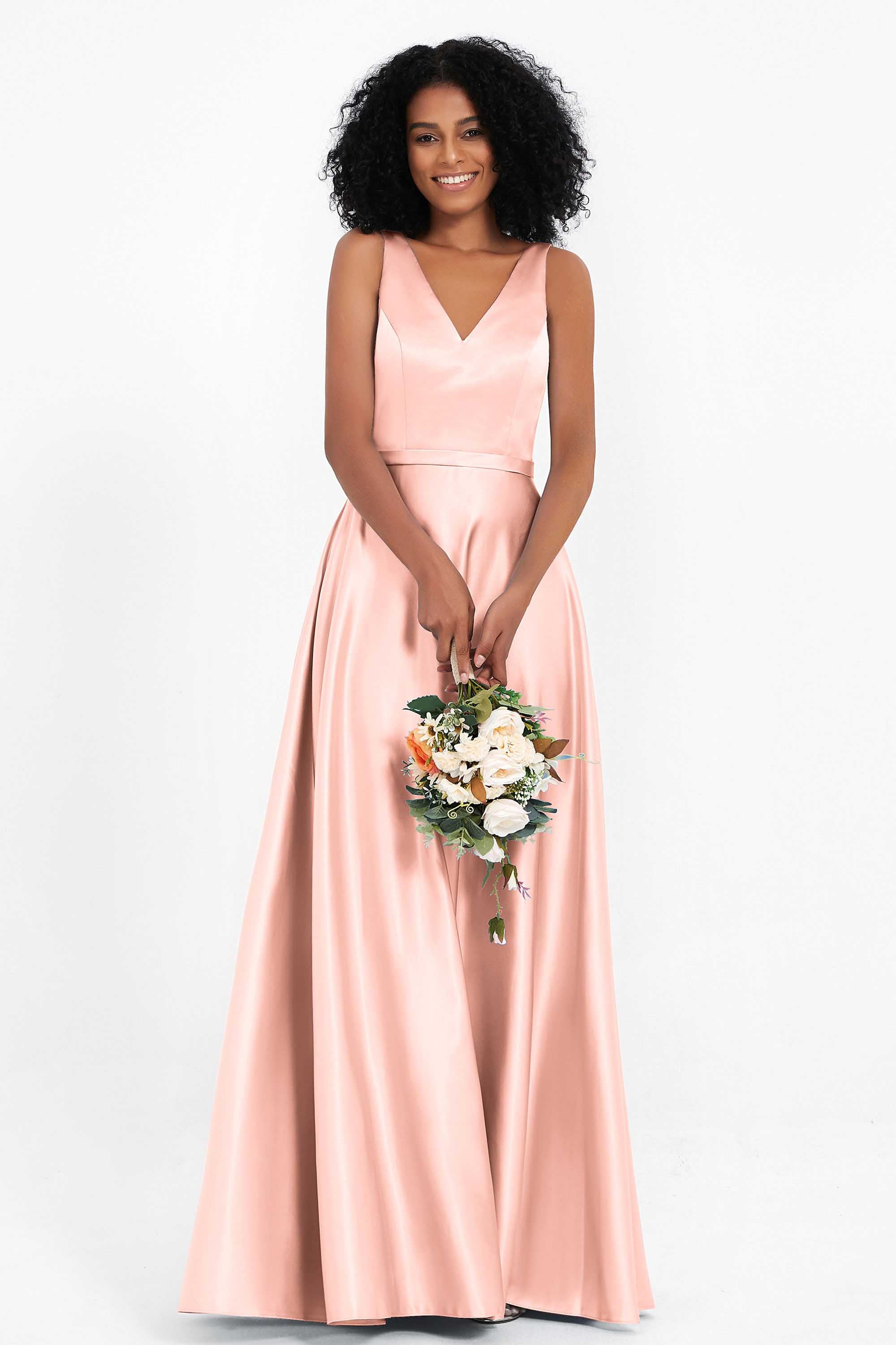 A Line Satin V Neckline Bridesmaid Dress Ruched Formal Evening Prom Dresses Gowns