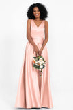 A Line Satin V Neckline Bridesmaid Dress Ruched Formal Evening Prom Dresses Gowns