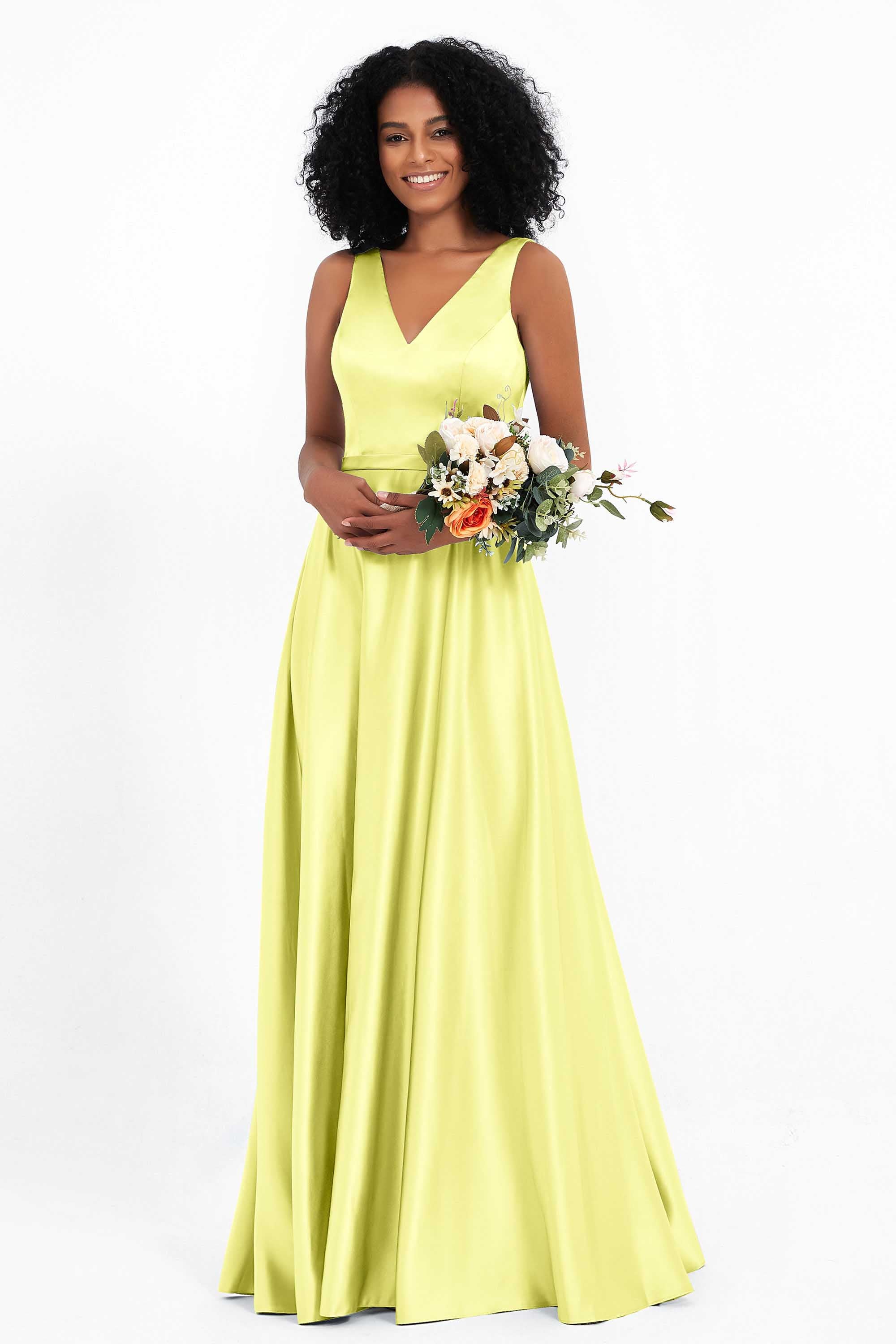 A Line Satin V Neckline Bridesmaid Dress Ruched Formal Evening Prom Dresses Gowns