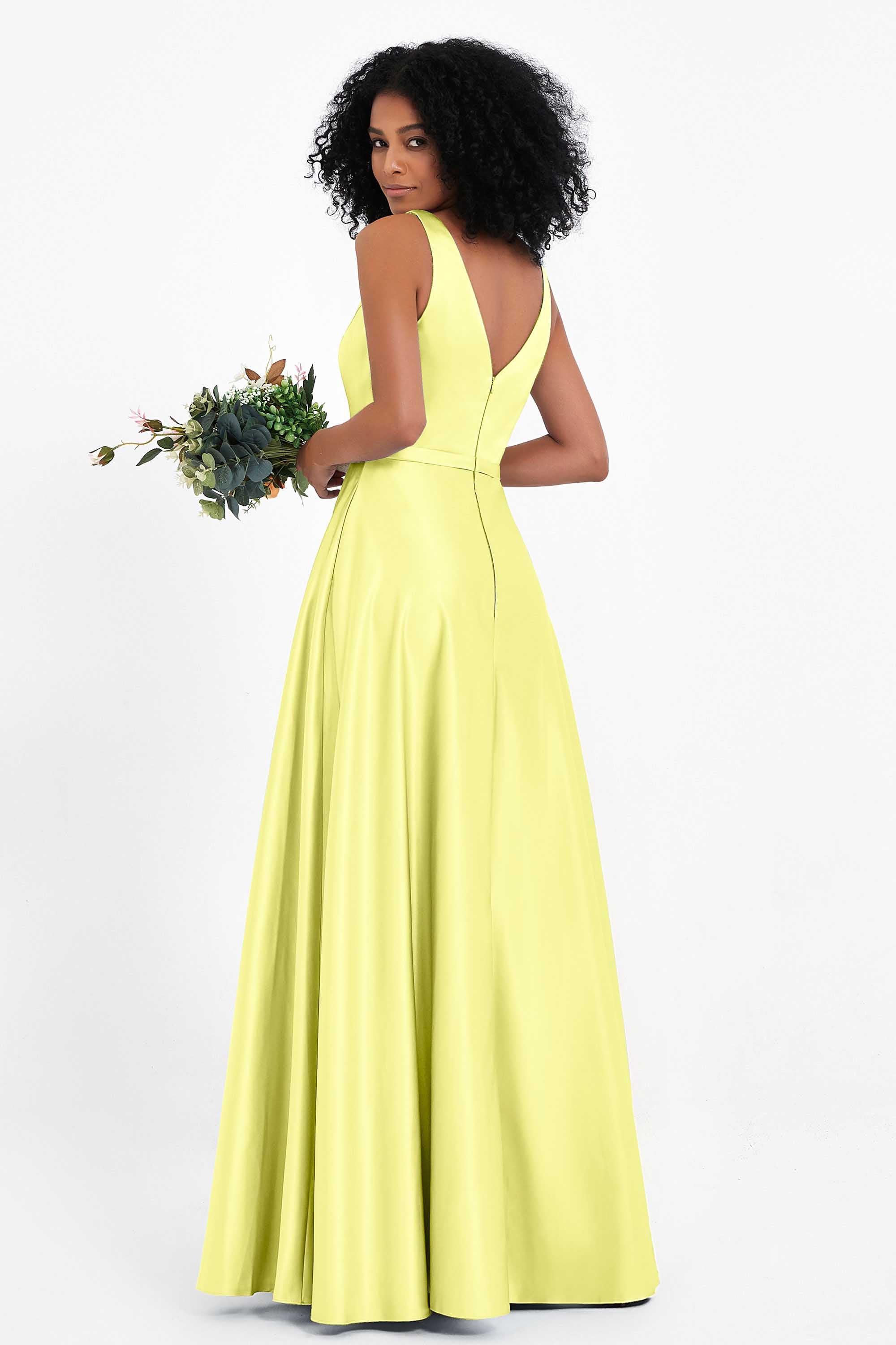 A Line Satin V Neckline Bridesmaid Dress Ruched Formal Evening Prom Dresses Gowns