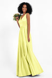 A Line Satin V Neckline Bridesmaid Dress Ruched Formal Evening Prom Dresses Gowns