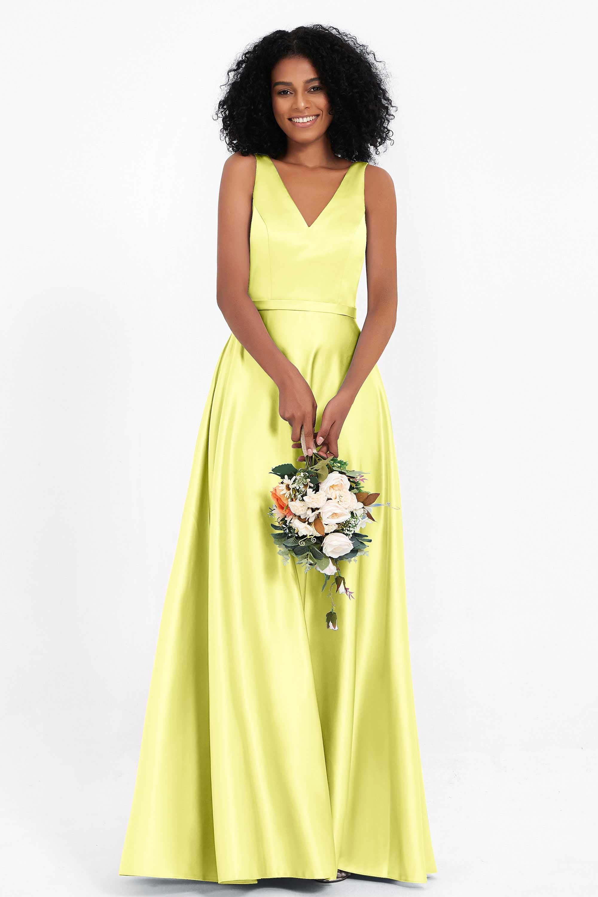 A Line Satin V Neckline Bridesmaid Dress Ruched Formal Evening Prom Dresses Gowns