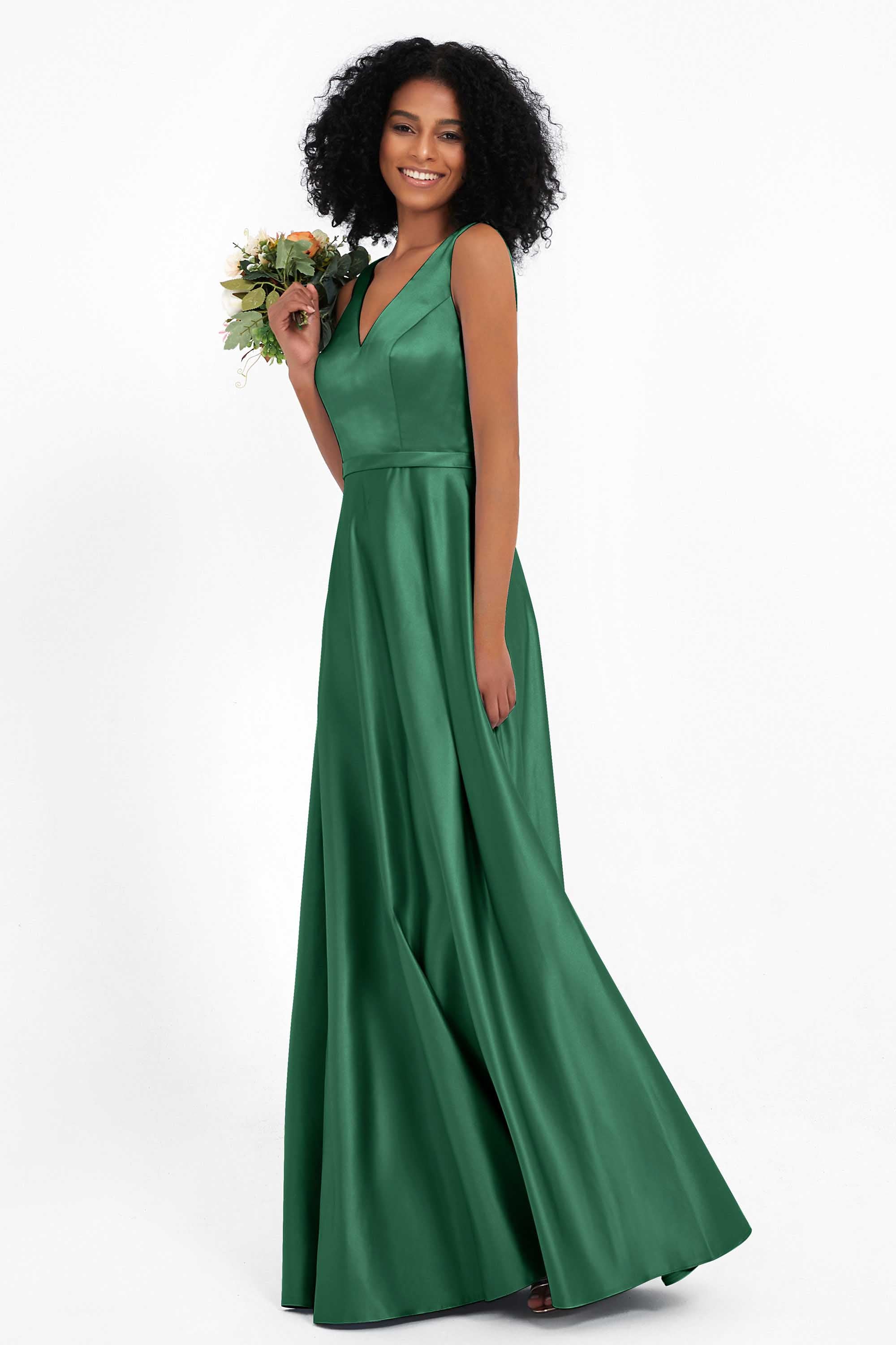 A Line Satin V Neckline Bridesmaid Dress Ruched Formal Evening Prom Dresses Gowns
