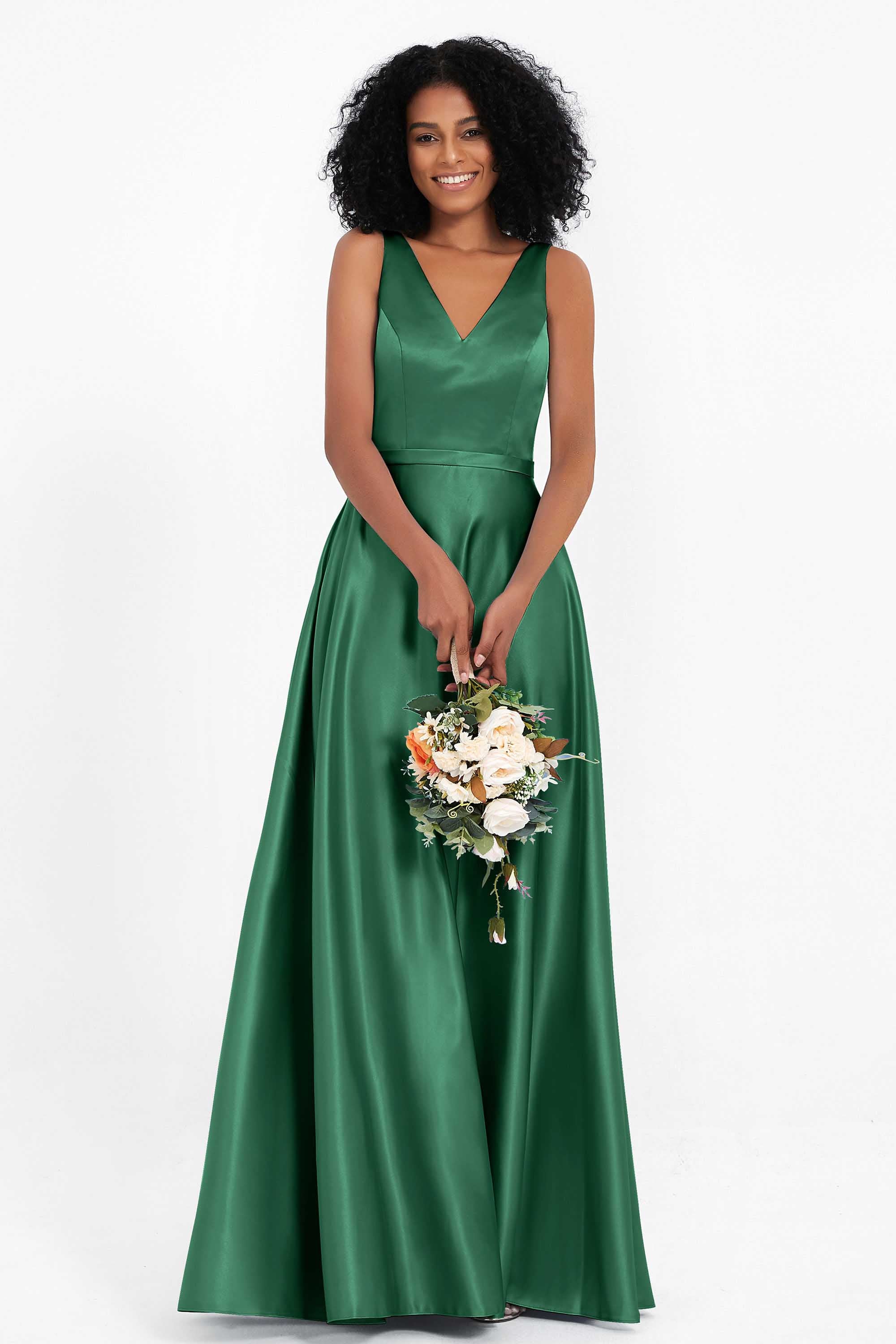 A Line Satin V Neckline Bridesmaid Dress Ruched Formal Evening Prom Dresses Gowns