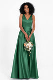 A Line Satin V Neckline Bridesmaid Dress Ruched Formal Evening Prom Dresses Gowns