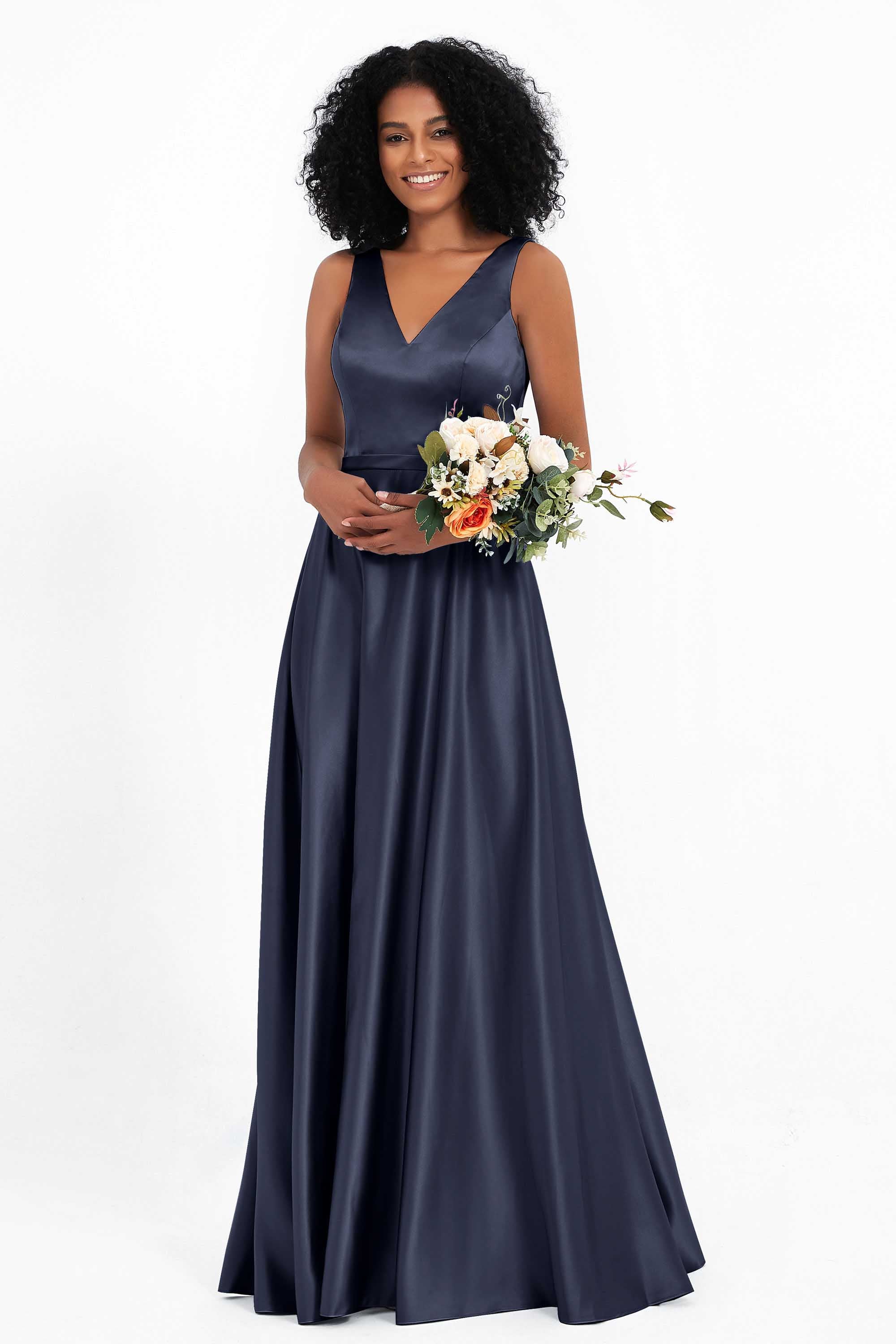 A Line Satin V Neckline Bridesmaid Dress Ruched Formal Evening Prom Dresses Gowns