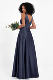 A Line Satin V Neckline Bridesmaid Dress Ruched Formal Evening Prom Dresses Gowns