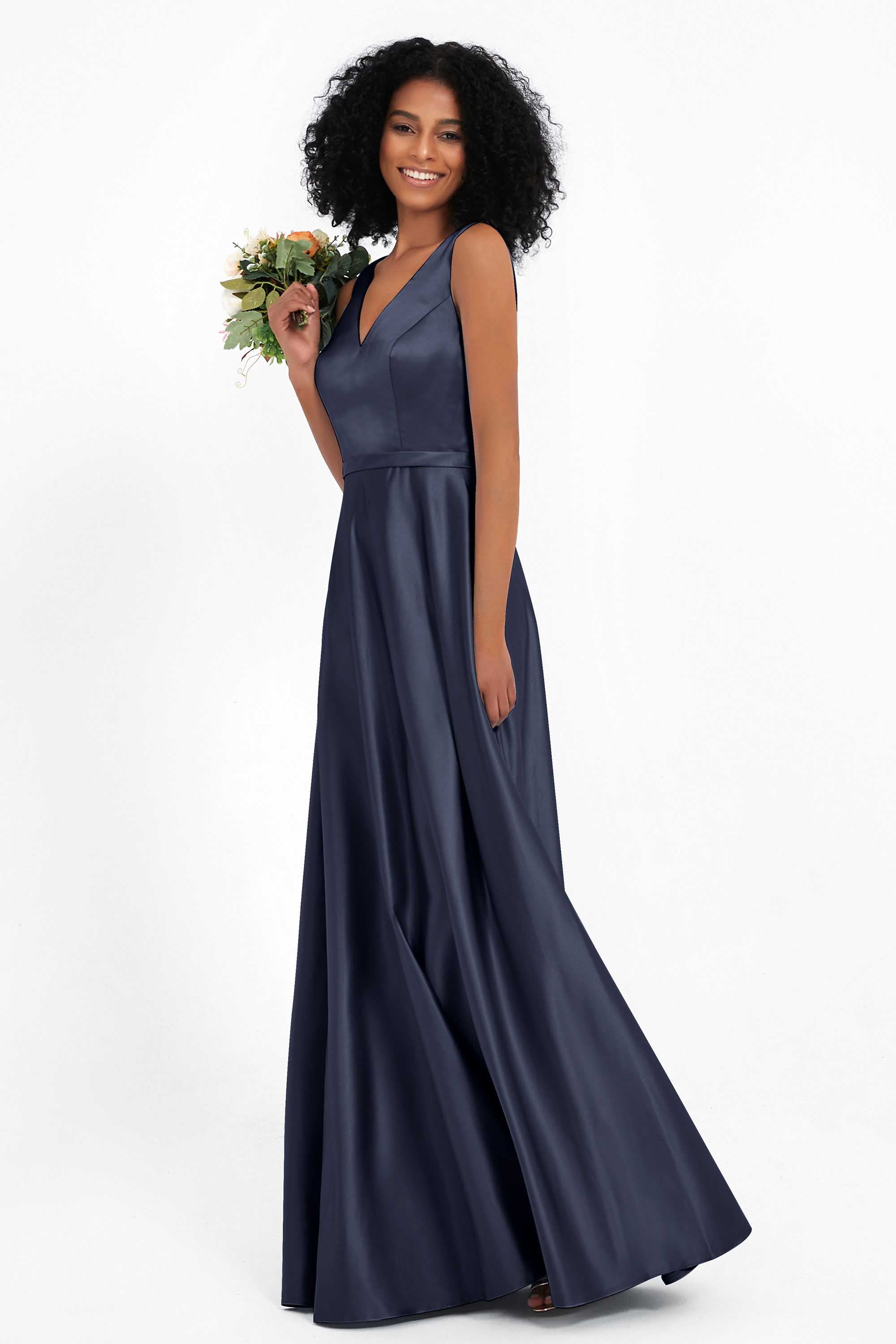 A Line Satin V Neckline Bridesmaid Dress Ruched Formal Evening Prom Dresses Gowns