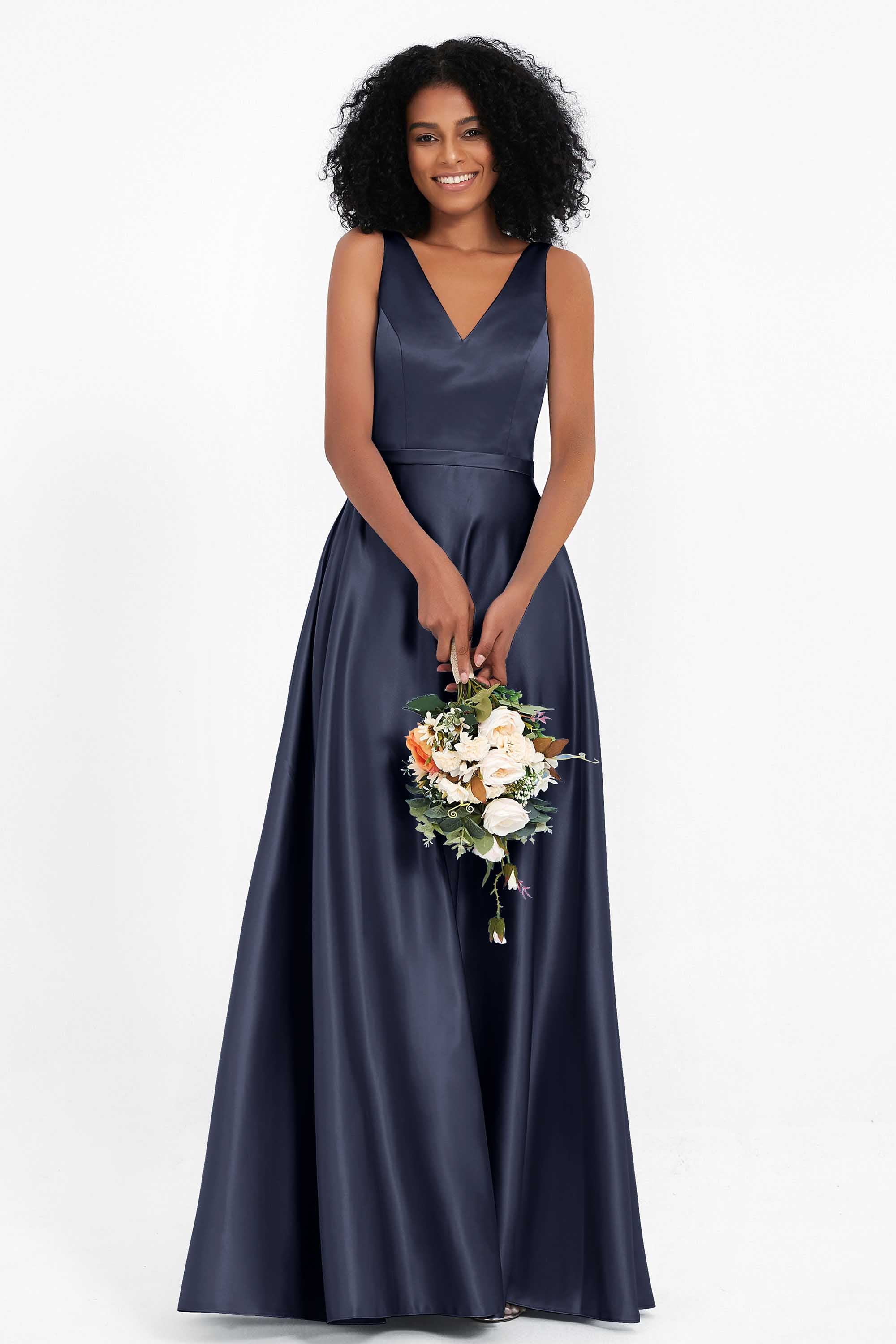 A Line Satin V Neckline Bridesmaid Dress Ruched Formal Evening Prom Dresses Gowns
