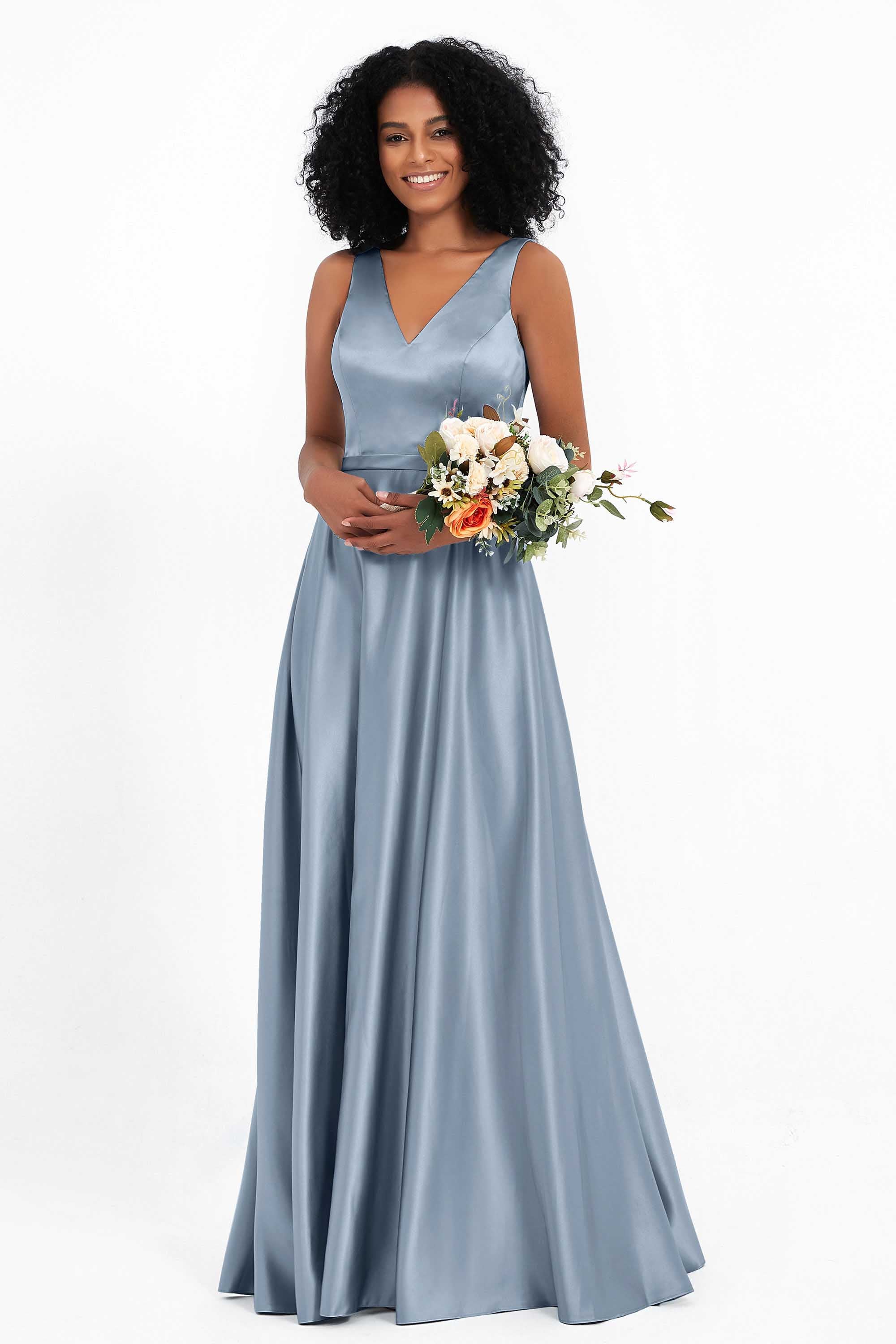 A Line Satin V Neckline Bridesmaid Dress Ruched Formal Evening Prom Dresses Gowns
