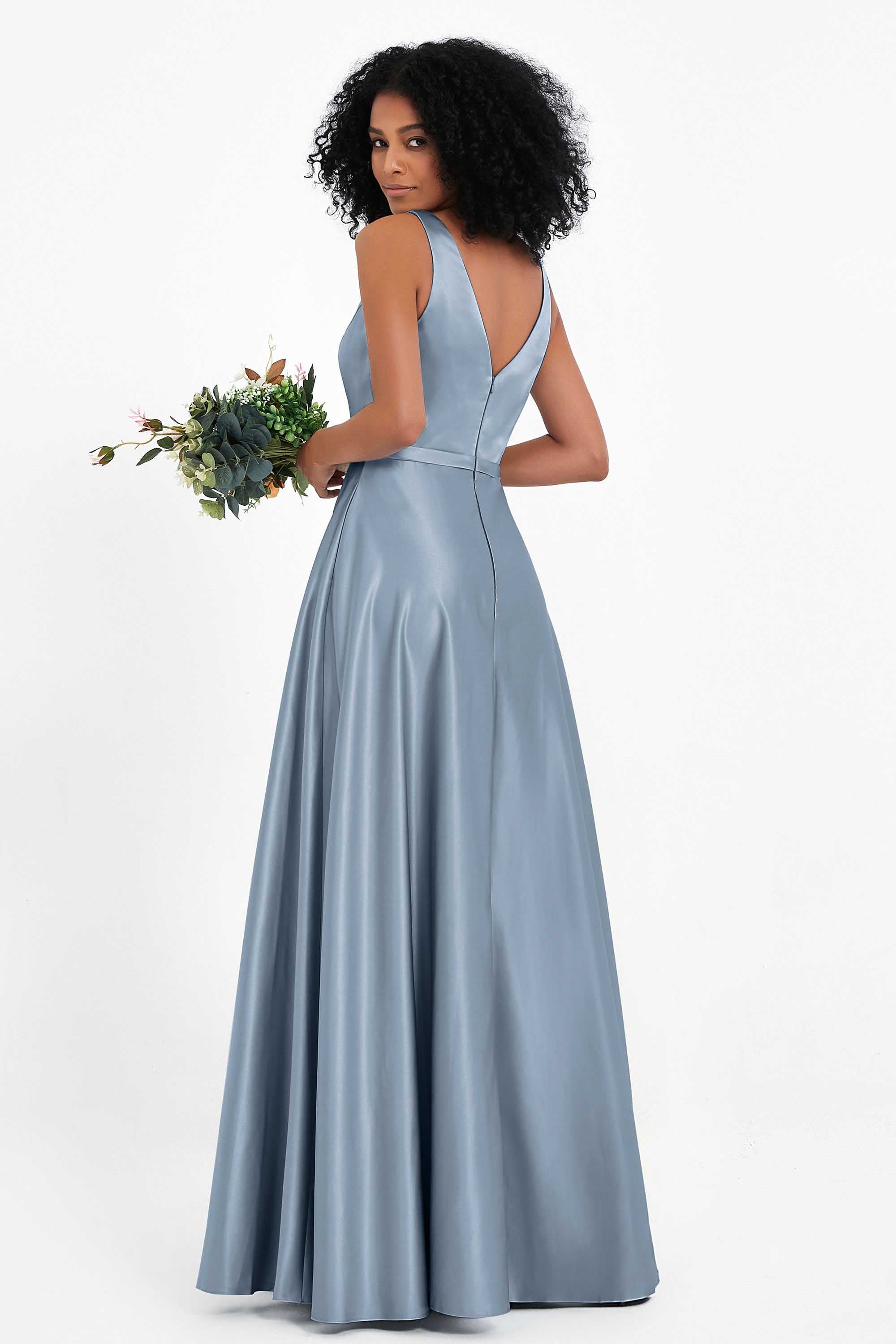 A Line Satin V Neckline Bridesmaid Dress Ruched Formal Evening Prom Dresses Gowns