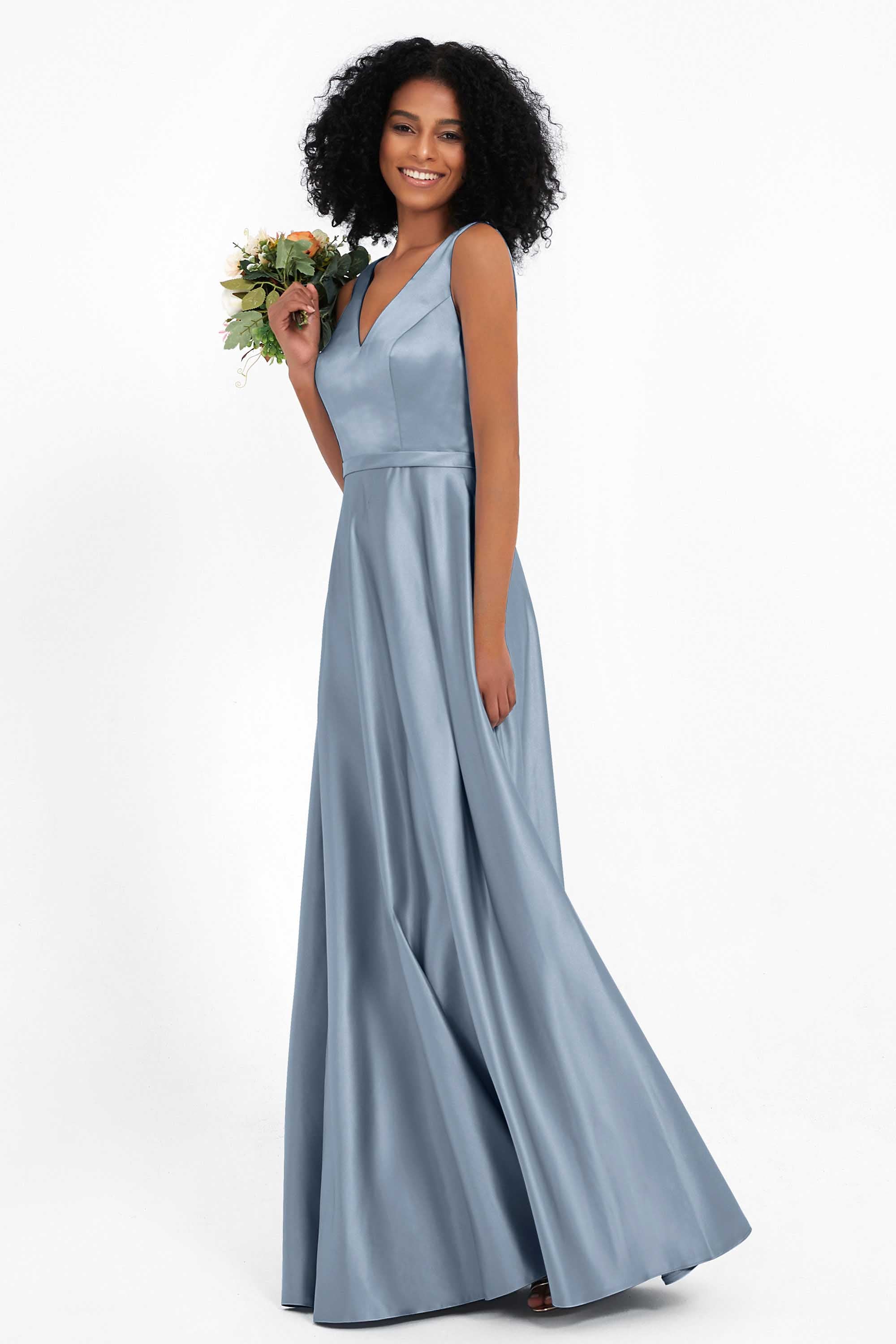 A Line Satin V Neckline Bridesmaid Dress Ruched Formal Evening Prom Dresses Gowns
