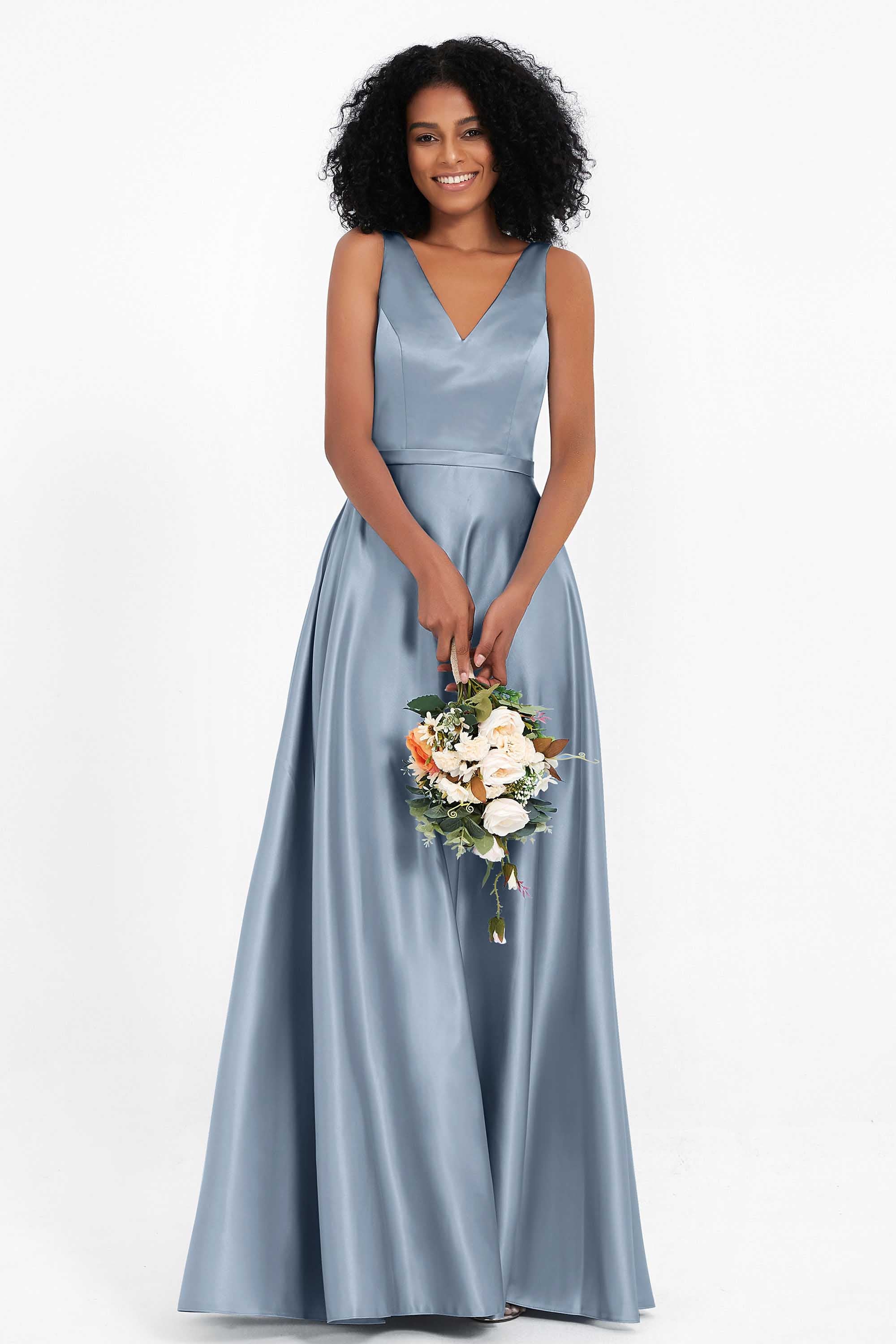 A Line Satin V Neckline Bridesmaid Dress Ruched Formal Evening Prom Dresses Gowns