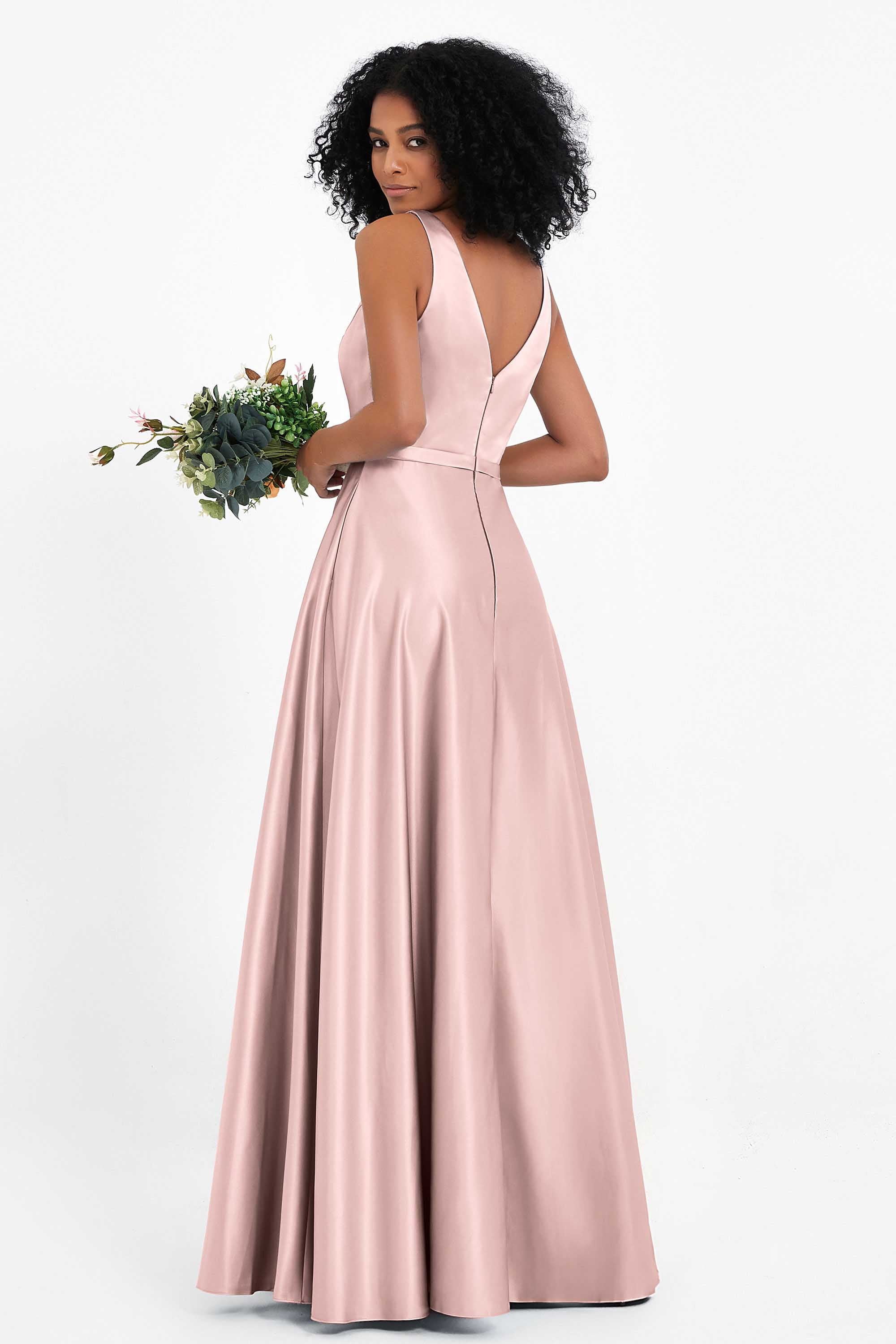 A Line Satin V Neckline Bridesmaid Dress Ruched Formal Evening Prom Dresses Gowns