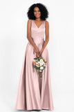 A Line Satin V Neckline Bridesmaid Dress Ruched Formal Evening Prom Dresses Gowns