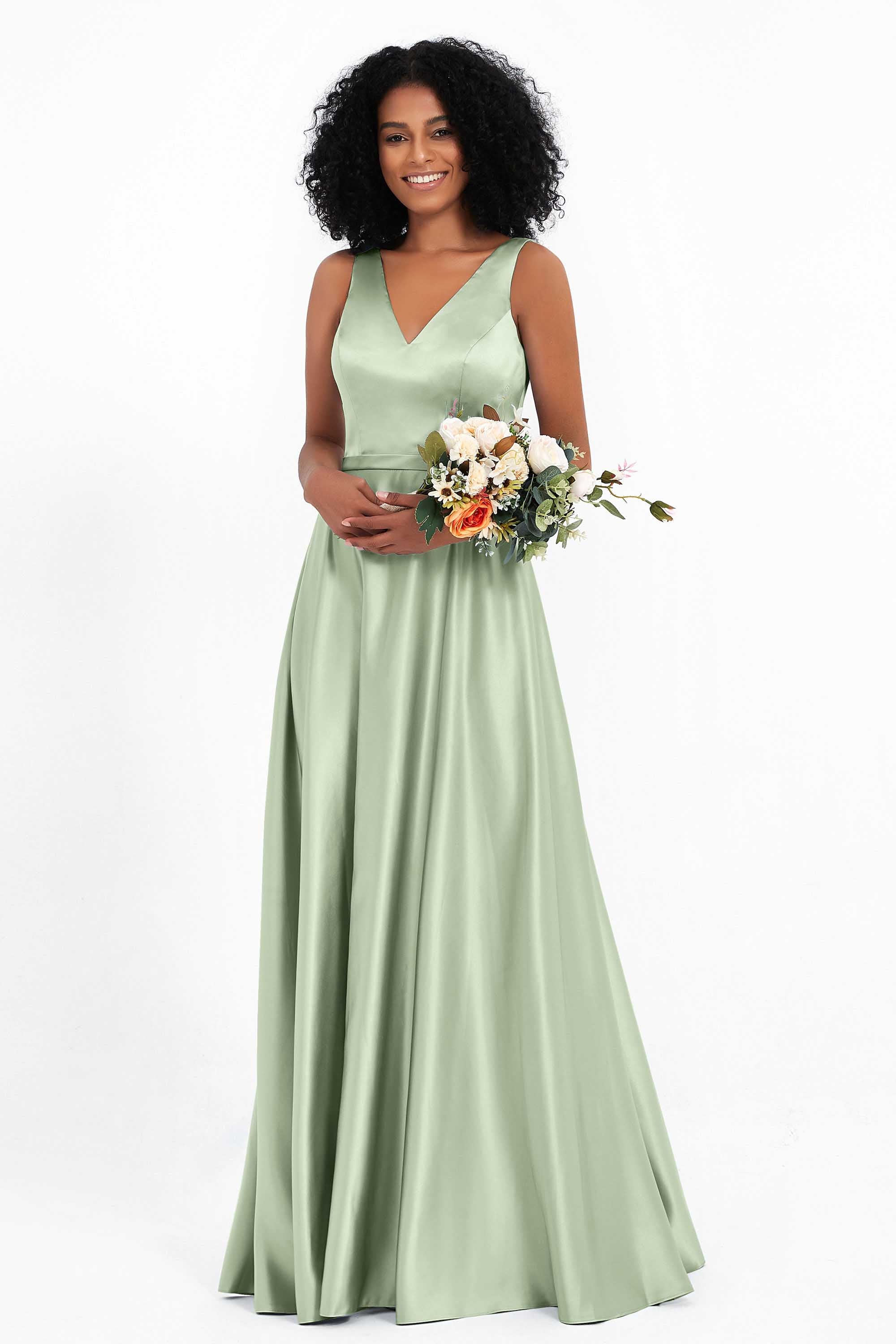 A Line Satin V Neckline Bridesmaid Dress Ruched Formal Evening Prom Dresses Gowns