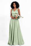 A Line Satin V Neckline Bridesmaid Dress Ruched Formal Evening Prom Dresses Gowns