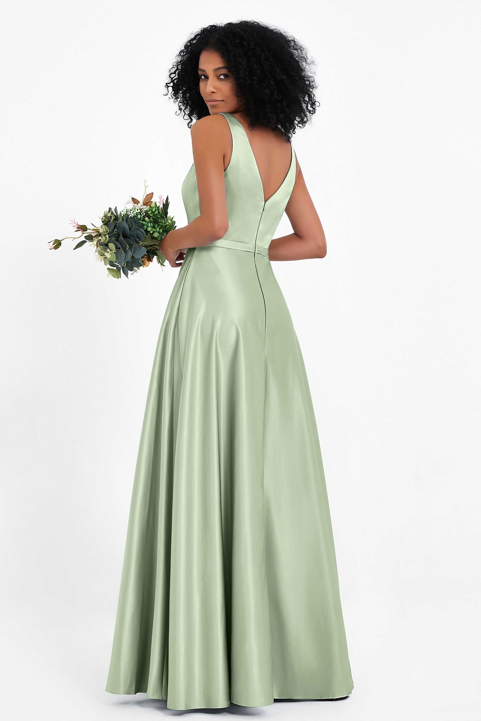 A Line Satin V Neckline Bridesmaid Dress Ruched Formal Evening Prom Dresses Gowns