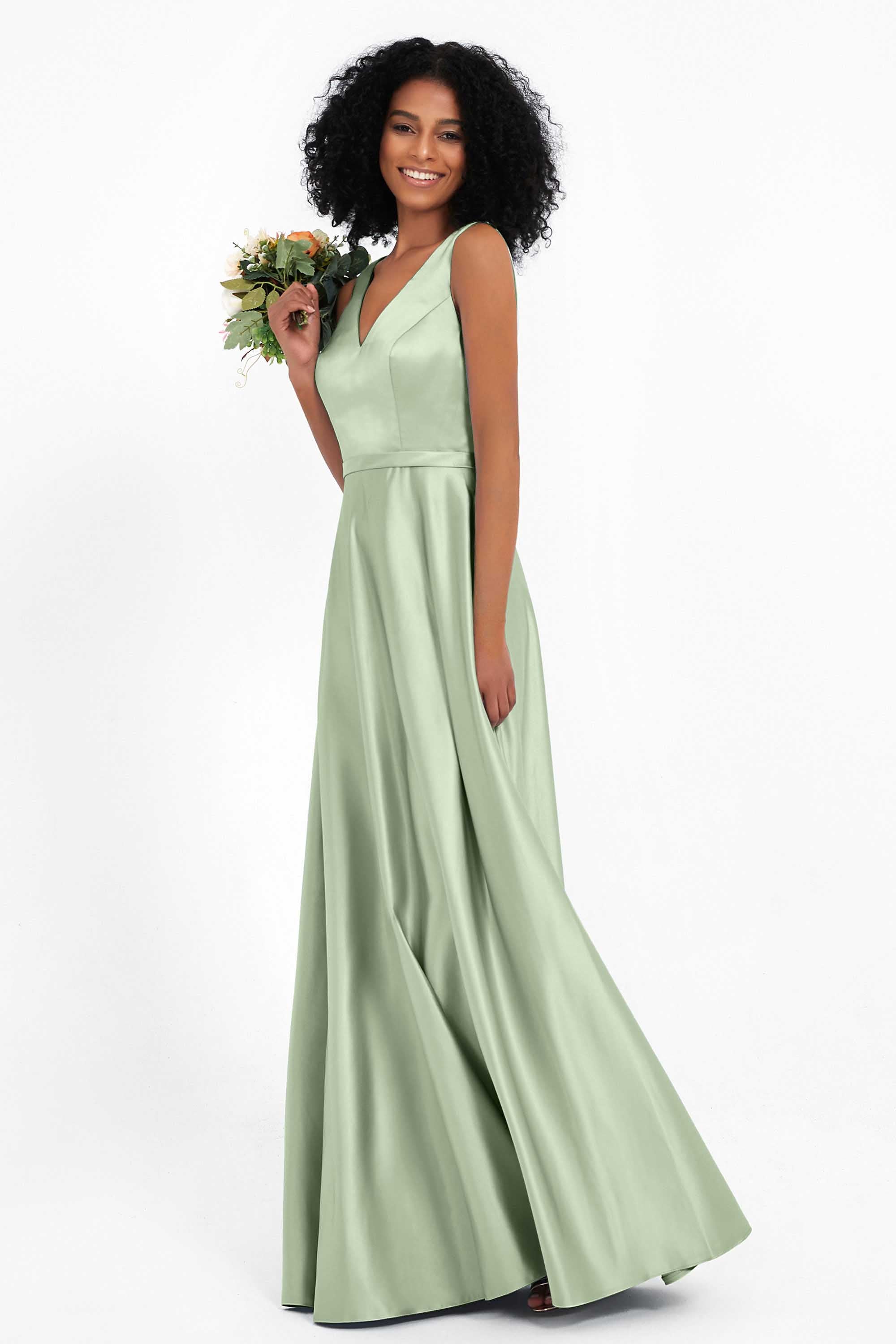 A Line Satin V Neckline Bridesmaid Dress Ruched Formal Evening Prom Dresses Gowns
