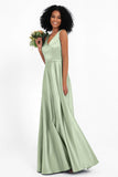 A Line Satin V Neckline Bridesmaid Dress Ruched Formal Evening Prom Dresses Gowns
