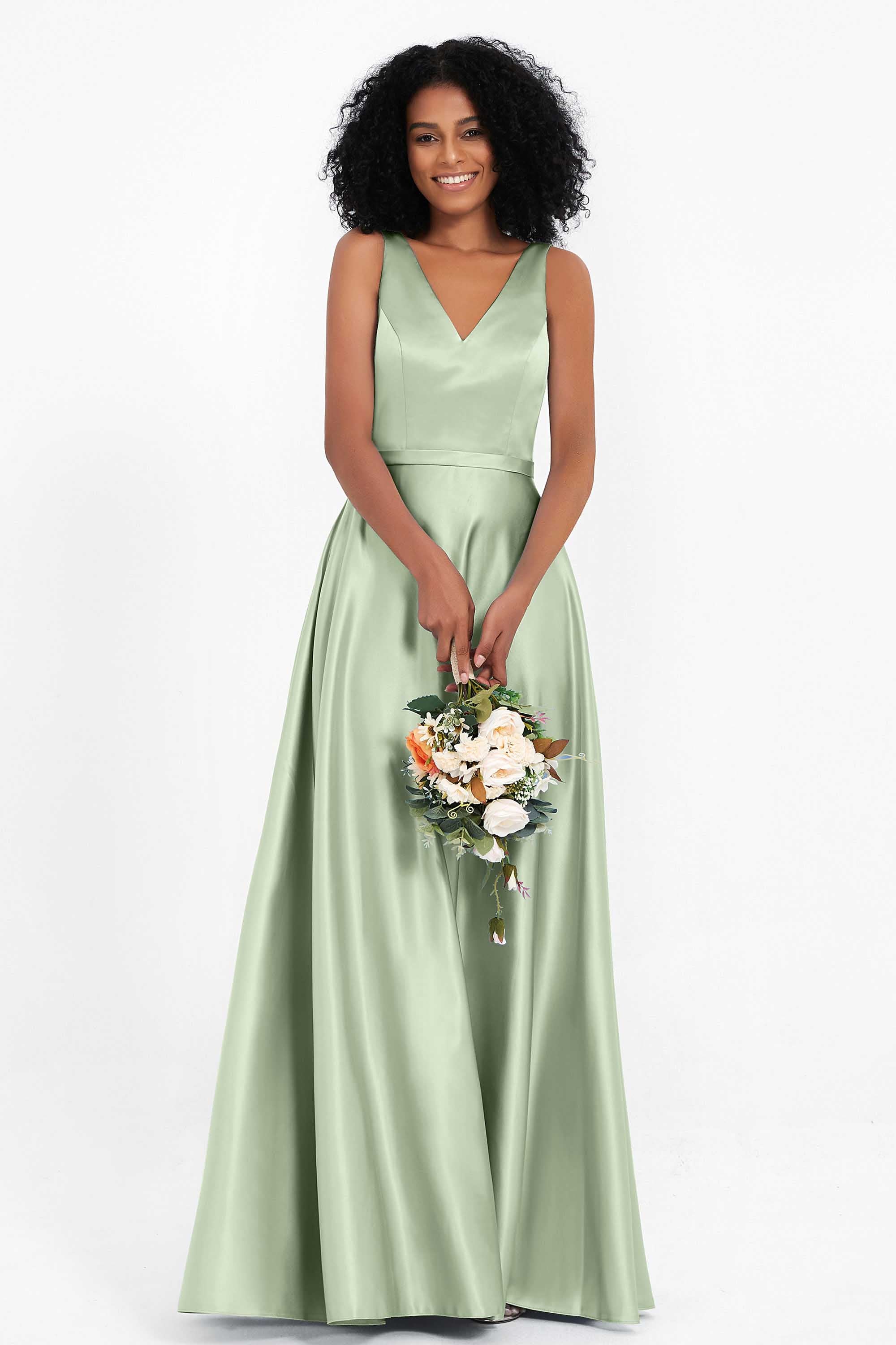 A Line Satin V Neckline Bridesmaid Dress Ruched Formal Evening Prom Dresses Gowns