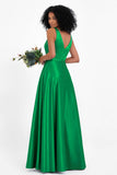 A Line Satin V Neckline Bridesmaid Dress Ruched Formal Evening Prom Dresses Gowns