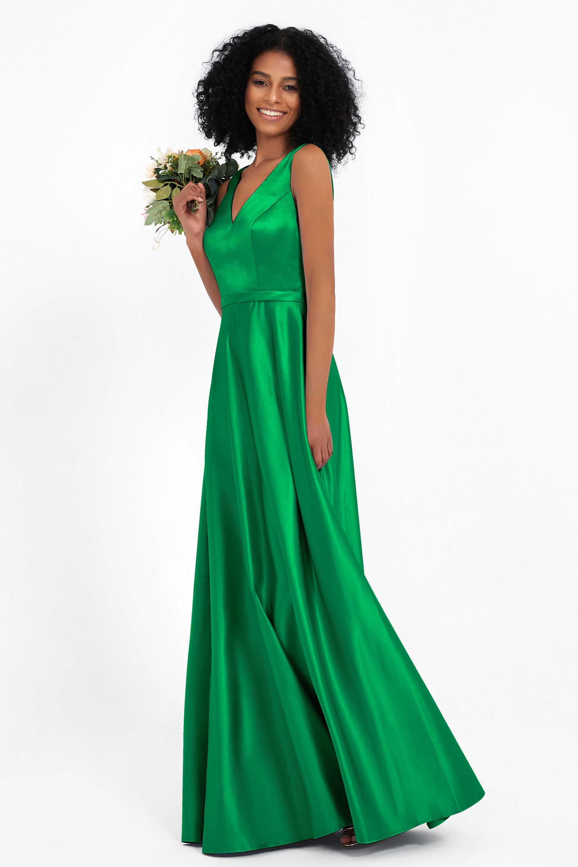 A Line Satin V Neckline Bridesmaid Dress Ruched Formal Evening Prom Dresses Gowns
