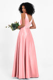 A Line Satin V Neckline Bridesmaid Dress Ruched Formal Evening Prom Dresses Gowns