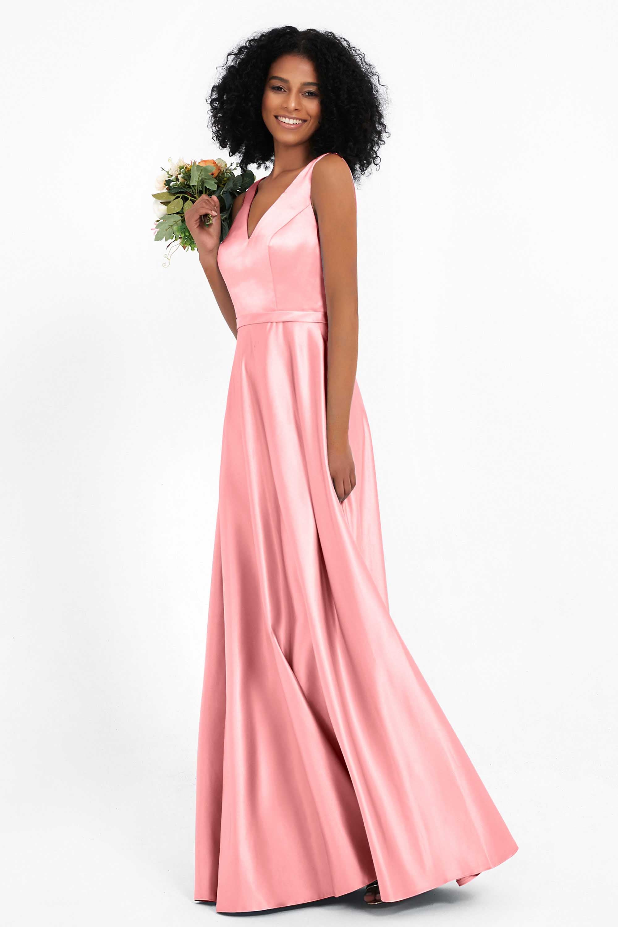 A Line Satin V Neckline Bridesmaid Dress Ruched Formal Evening Prom Dresses Gowns