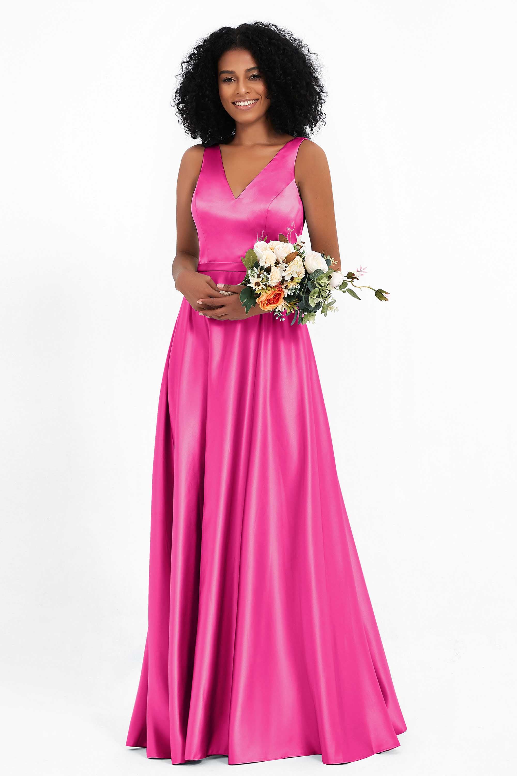 A Line Satin V Neckline Bridesmaid Dress Ruched Formal Evening Prom Dresses Gowns