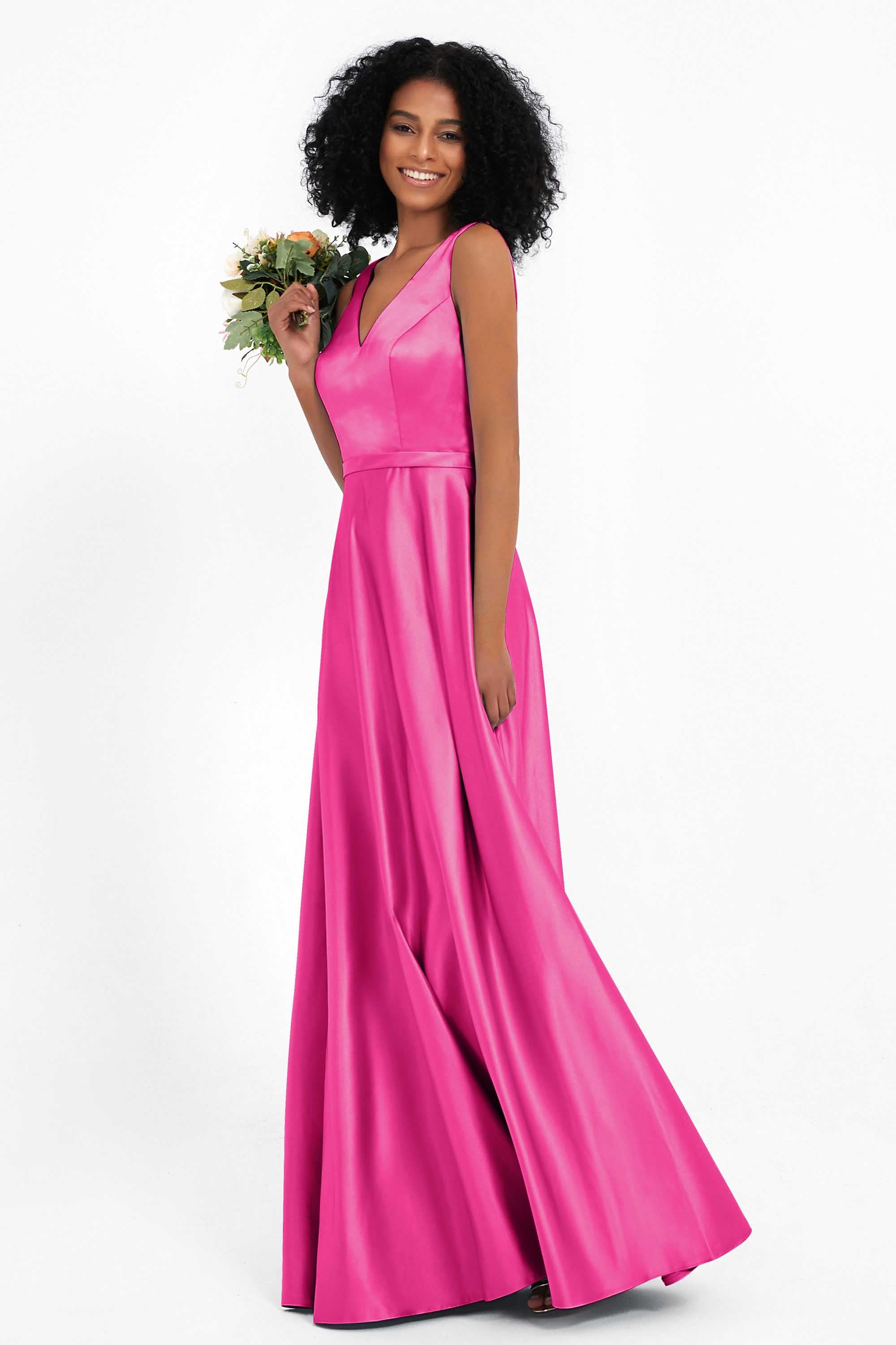 A Line Satin V Neckline Bridesmaid Dress Ruched Formal Evening Prom Dresses Gowns