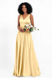 A Line Satin V Neckline Bridesmaid Dress Ruched Formal Evening Prom Dresses Gowns