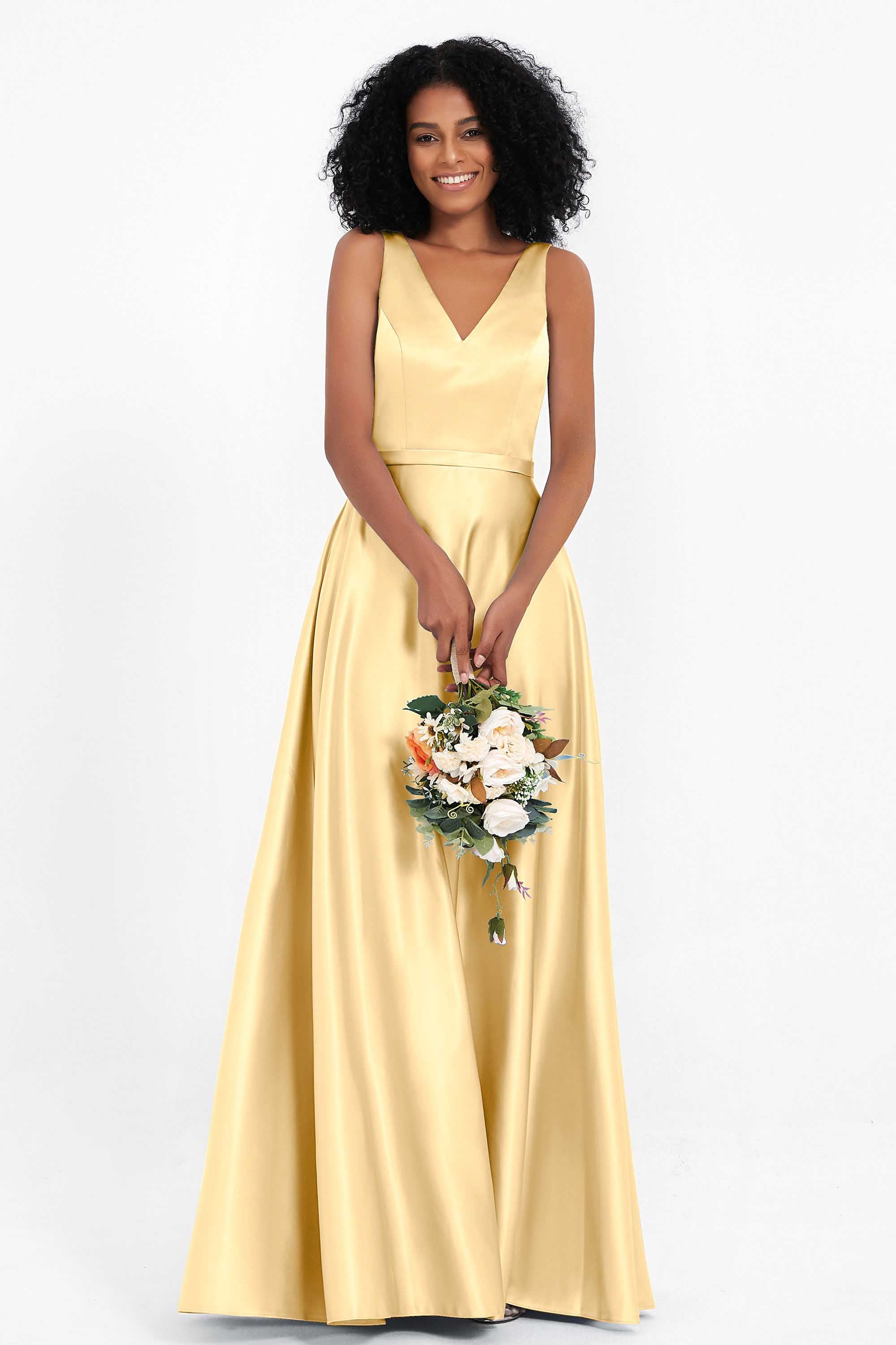 A Line Satin V Neckline Bridesmaid Dress Ruched Formal Evening Prom Dresses Gowns