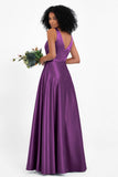 A Line Satin V Neckline Bridesmaid Dress Ruched Formal Evening Prom Dresses Gowns