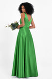 A Line Satin V Neckline Bridesmaid Dress Ruched Formal Evening Prom Dresses Gowns