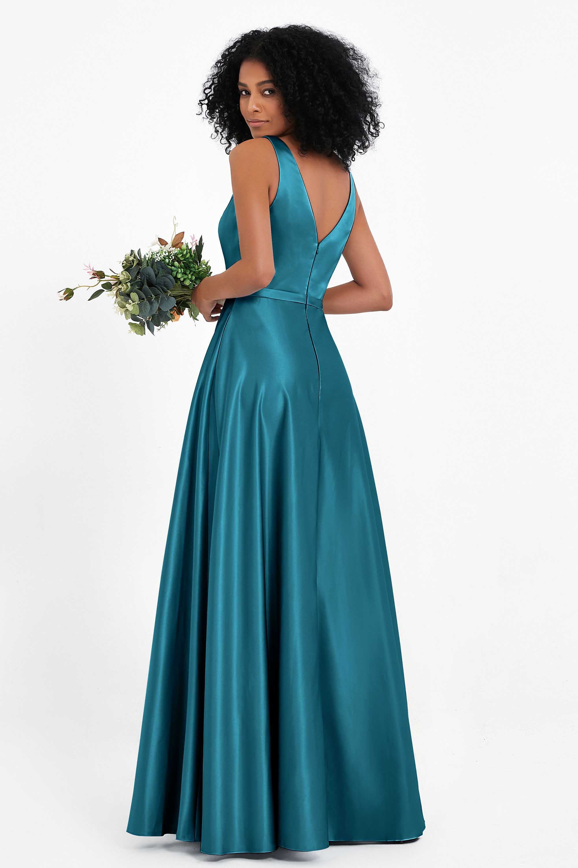 A Line Satin V Neckline Bridesmaid Dress Ruched Formal Evening Prom Dresses Gowns