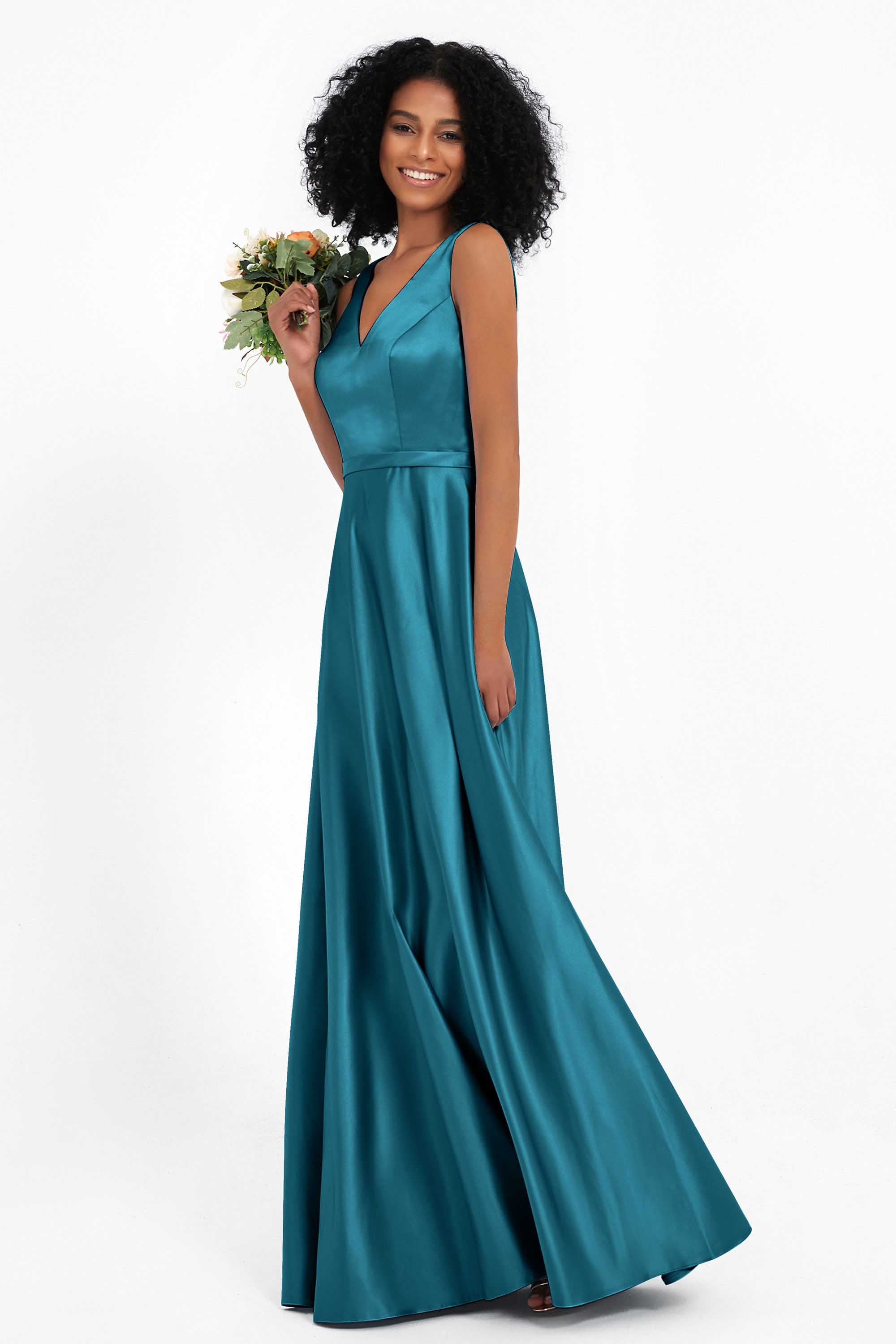 A Line Satin V Neckline Bridesmaid Dress Ruched Formal Evening Prom Dresses Gowns