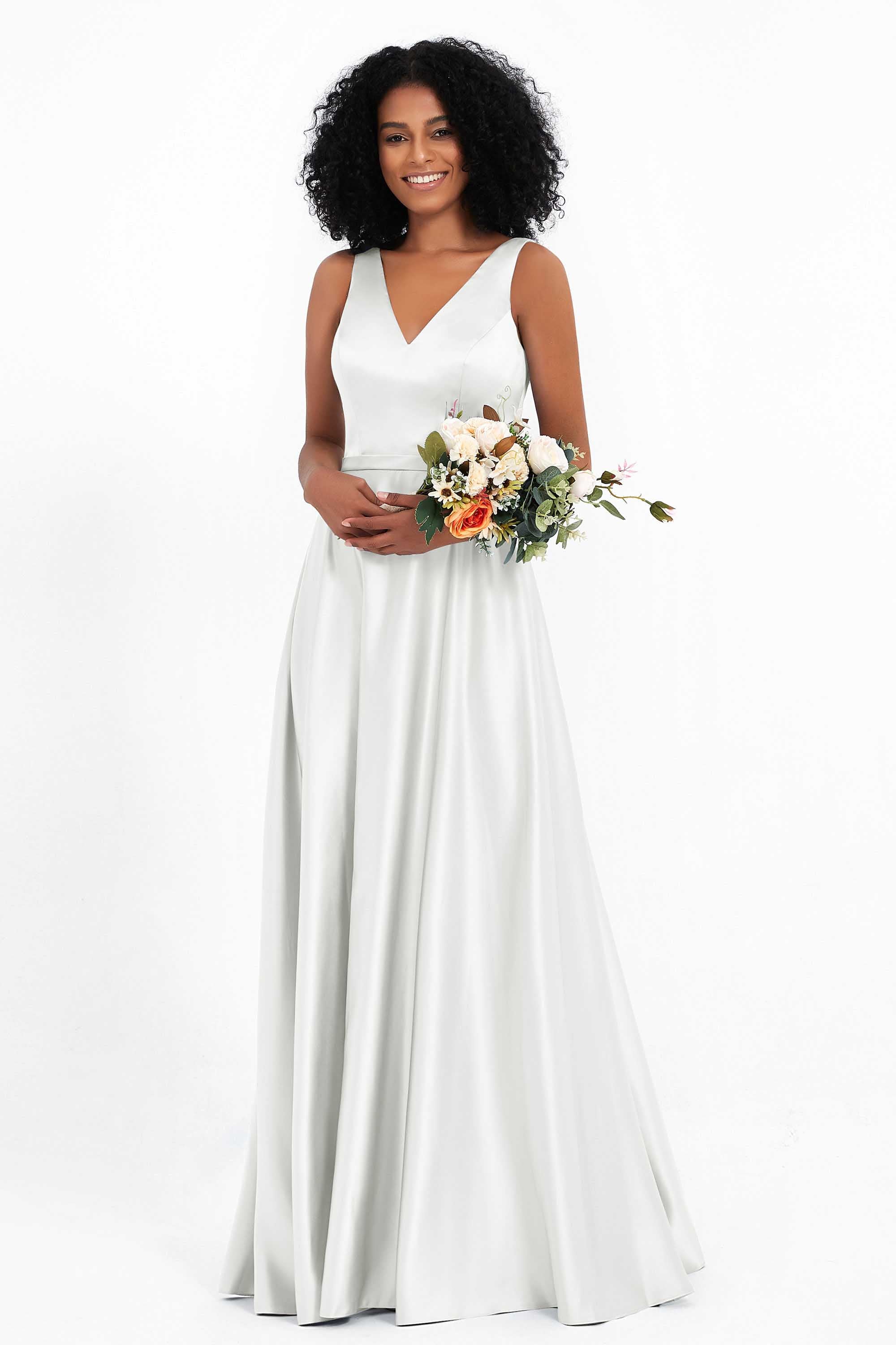 A Line Satin V Neckline Bridesmaid Dress Ruched Formal Evening Prom Dresses Gowns