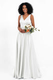 A Line Satin V Neckline Bridesmaid Dress Ruched Formal Evening Prom Dresses Gowns
