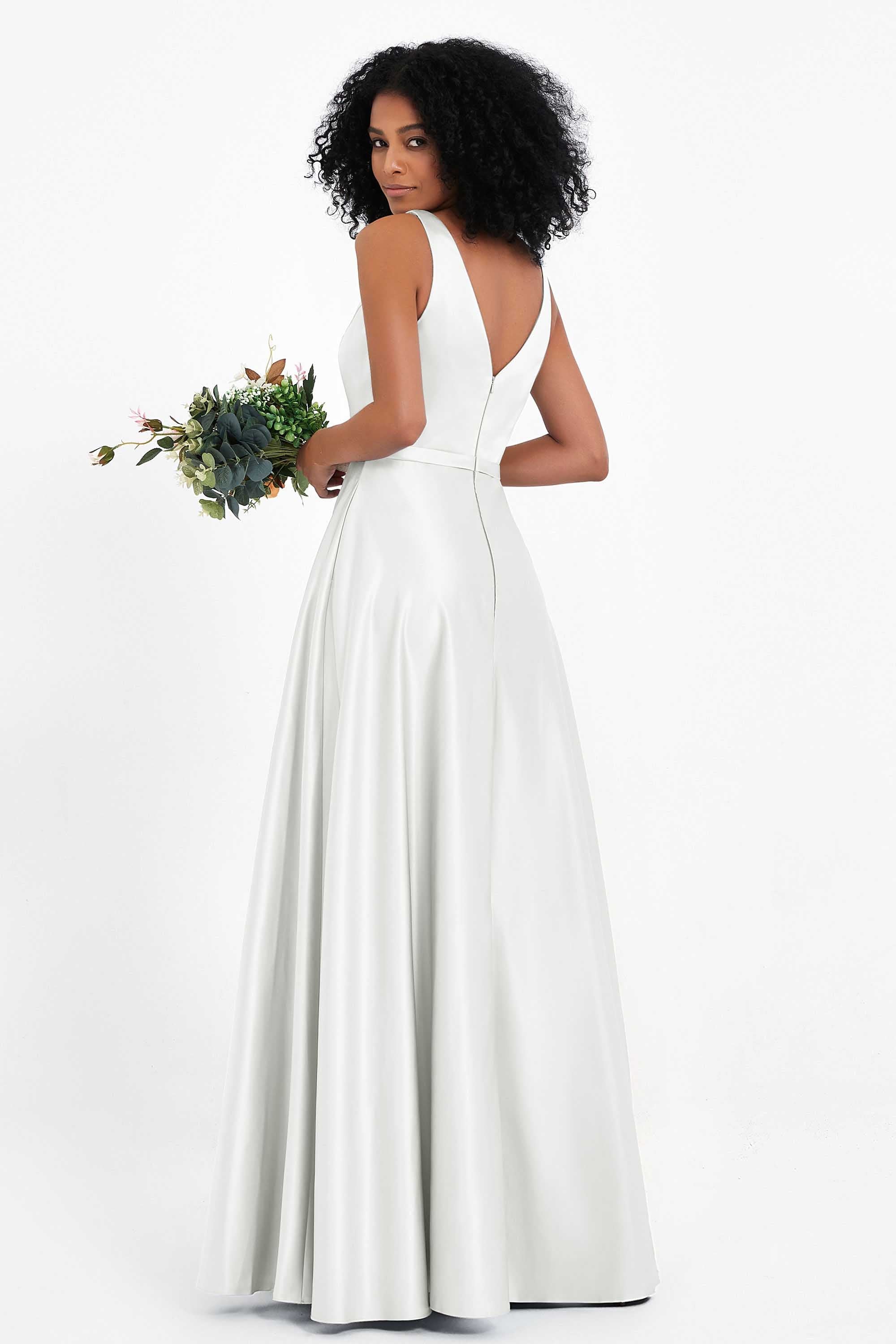 A Line Satin V Neckline Bridesmaid Dress Ruched Formal Evening Prom Dresses Gowns