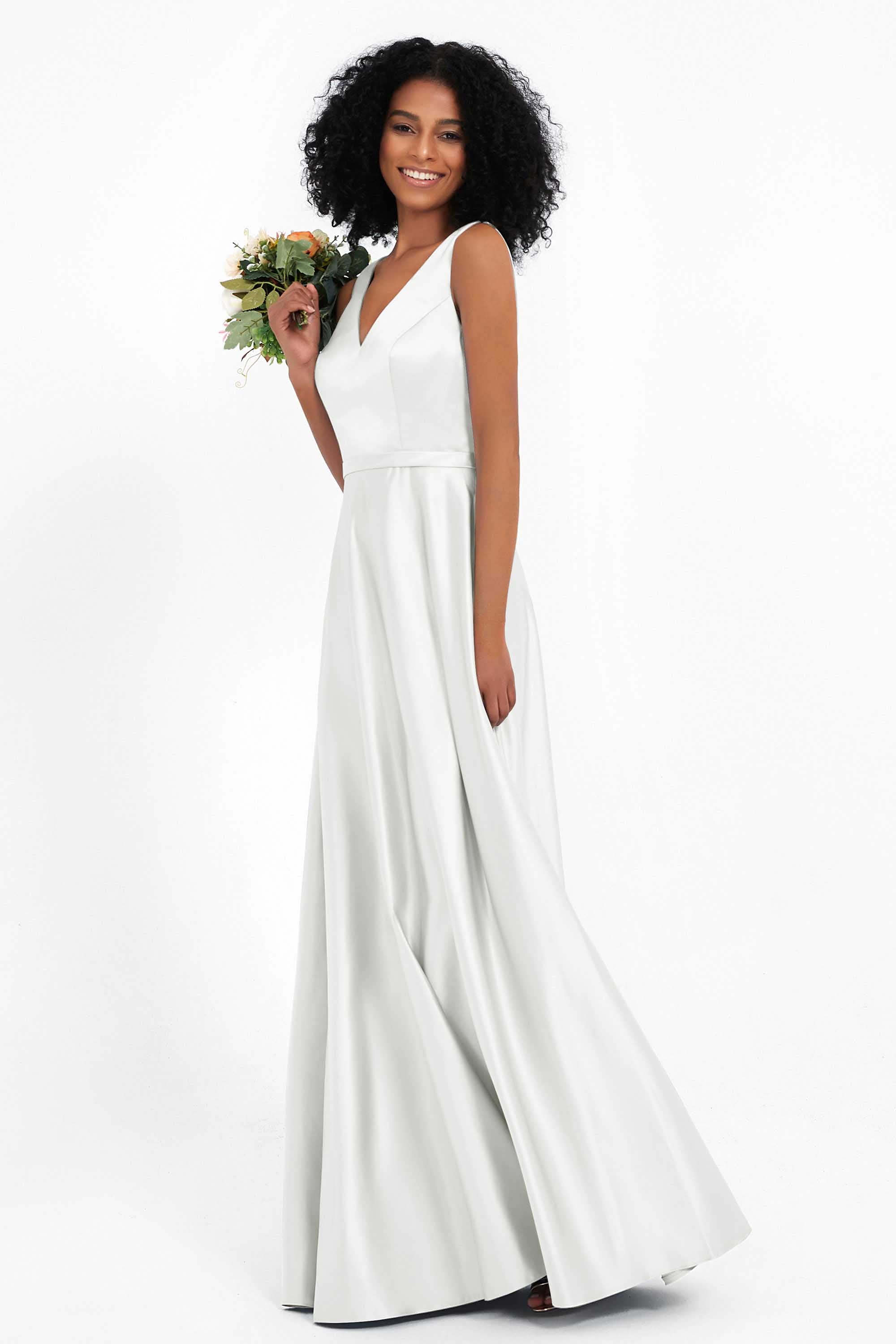 A Line Satin V Neckline Bridesmaid Dress Ruched Formal Evening Prom Dresses Gowns