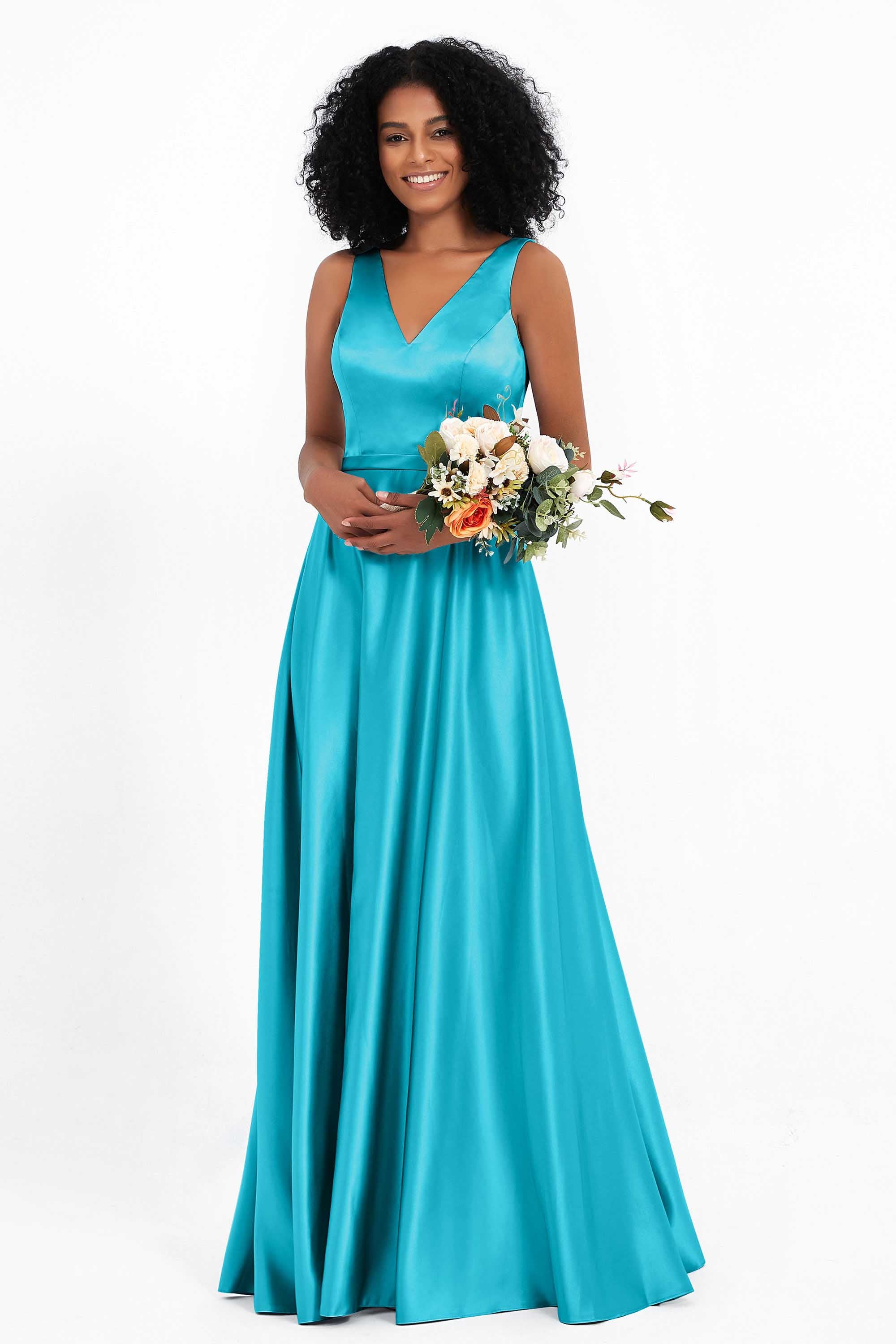 A Line Satin V Neckline Bridesmaid Dress Ruched Formal Evening Prom Dresses Gowns