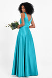 A Line Satin V Neckline Bridesmaid Dress Ruched Formal Evening Prom Dresses Gowns