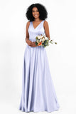A Line Satin V Neckline Bridesmaid Dress Ruched Formal Evening Prom Dresses Gowns