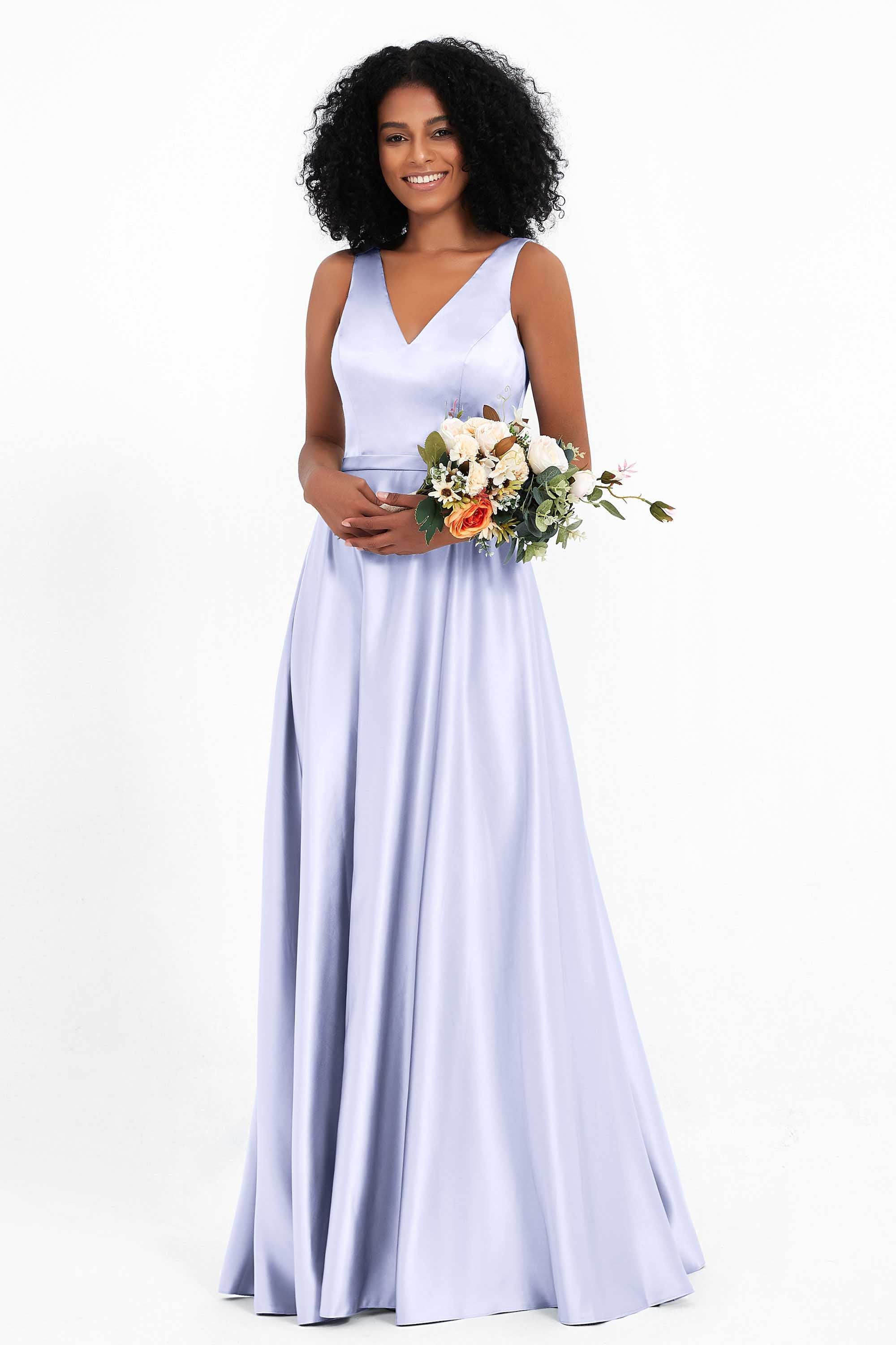A Line Satin V Neckline Bridesmaid Dress Ruched Formal Evening Prom Dresses Gowns