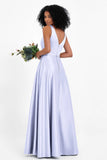 A Line Satin V Neckline Bridesmaid Dress Ruched Formal Evening Prom Dresses Gowns
