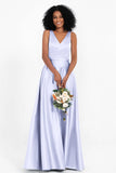 A Line Satin V Neckline Bridesmaid Dress Ruched Formal Evening Prom Dresses Gowns