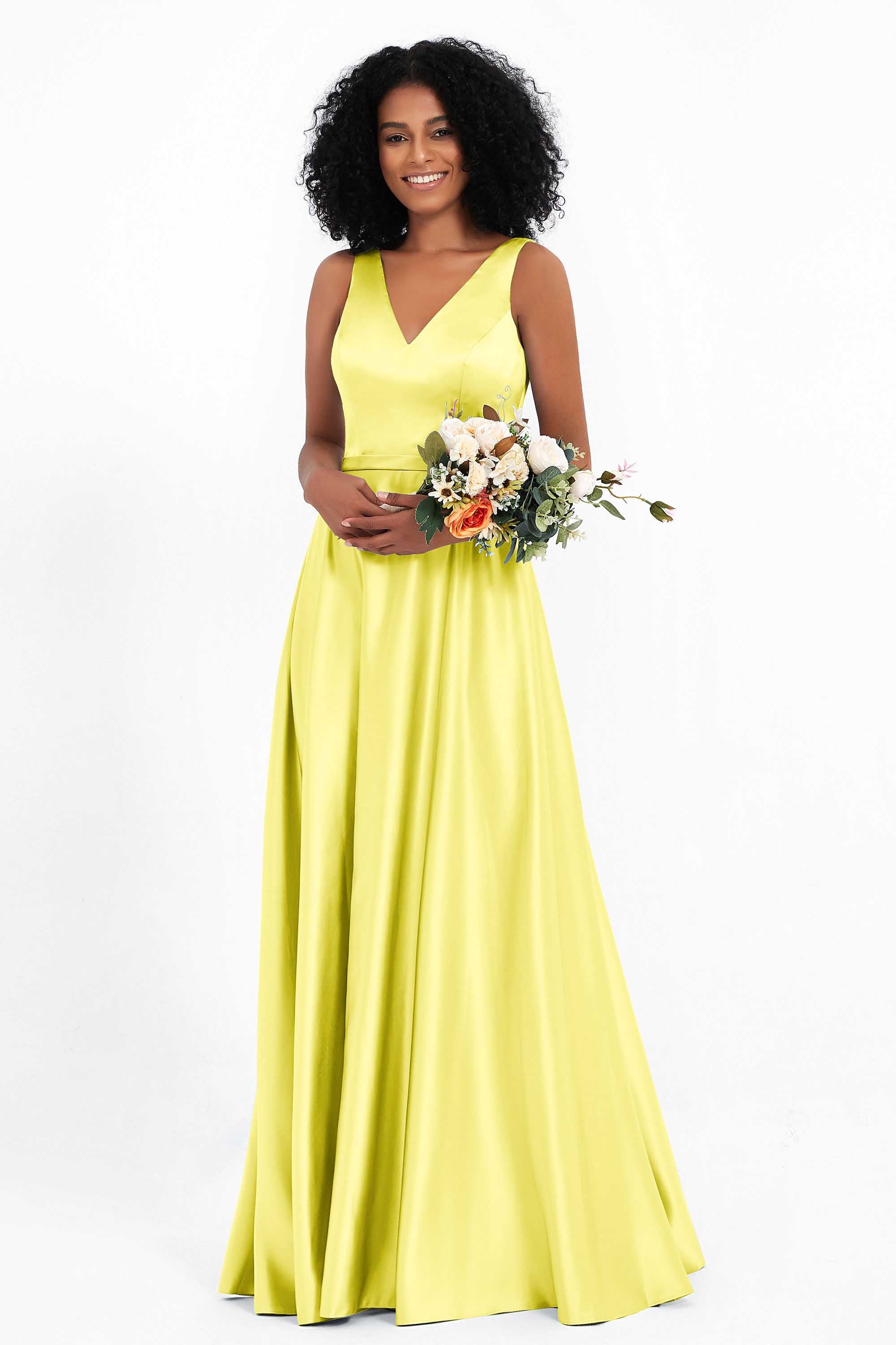 A Line Satin V Neckline Bridesmaid Dress Ruched Formal Evening Prom Dresses Gowns
