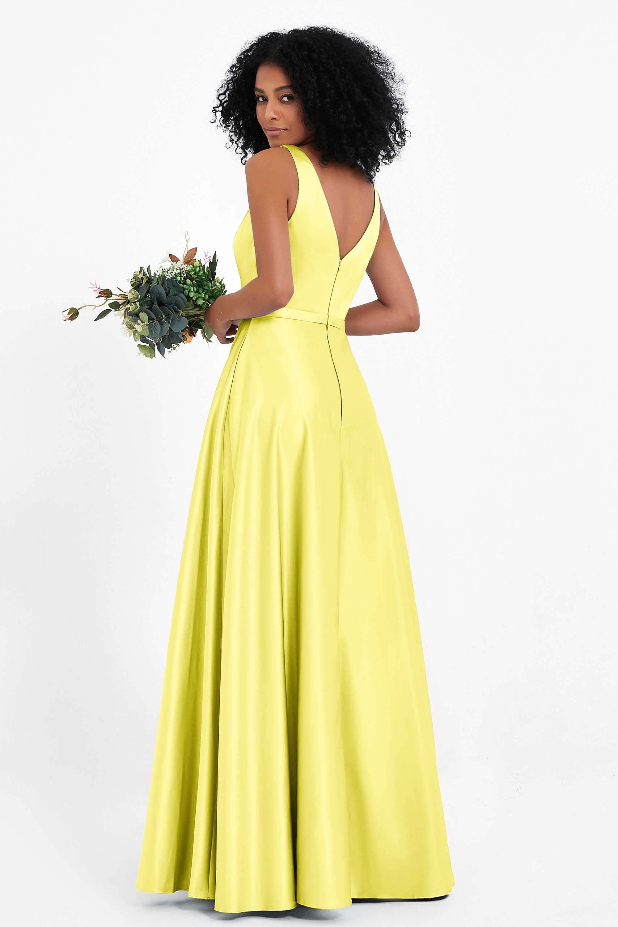 A Line Satin V Neckline Bridesmaid Dress Ruched Formal Evening Prom Dresses Gowns